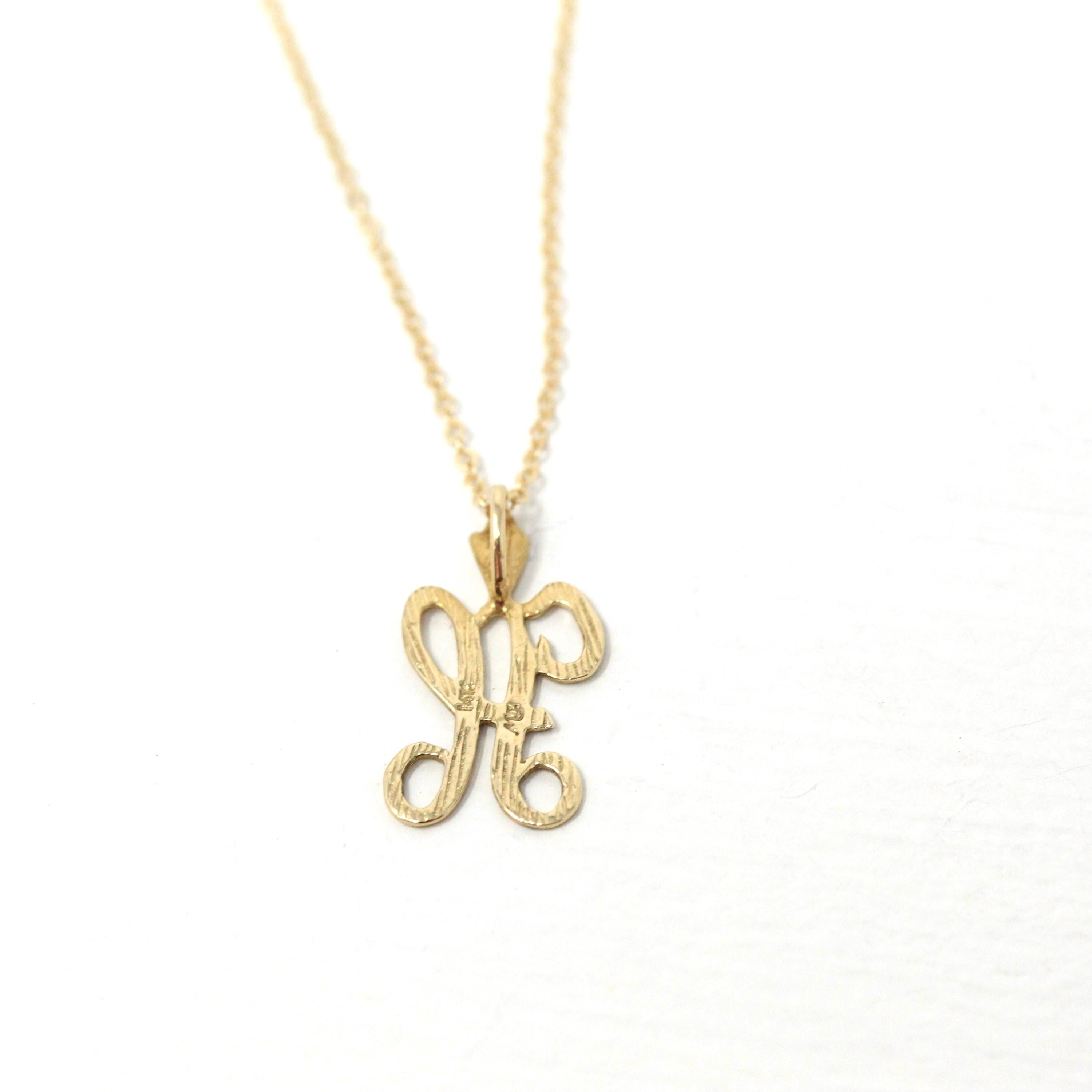 Letter "H" Necklace - Modern Estate 14k Yellow Gold Personalized Pendant Charm - Cursive High Polished Single Initial Fine Gold Jewelry