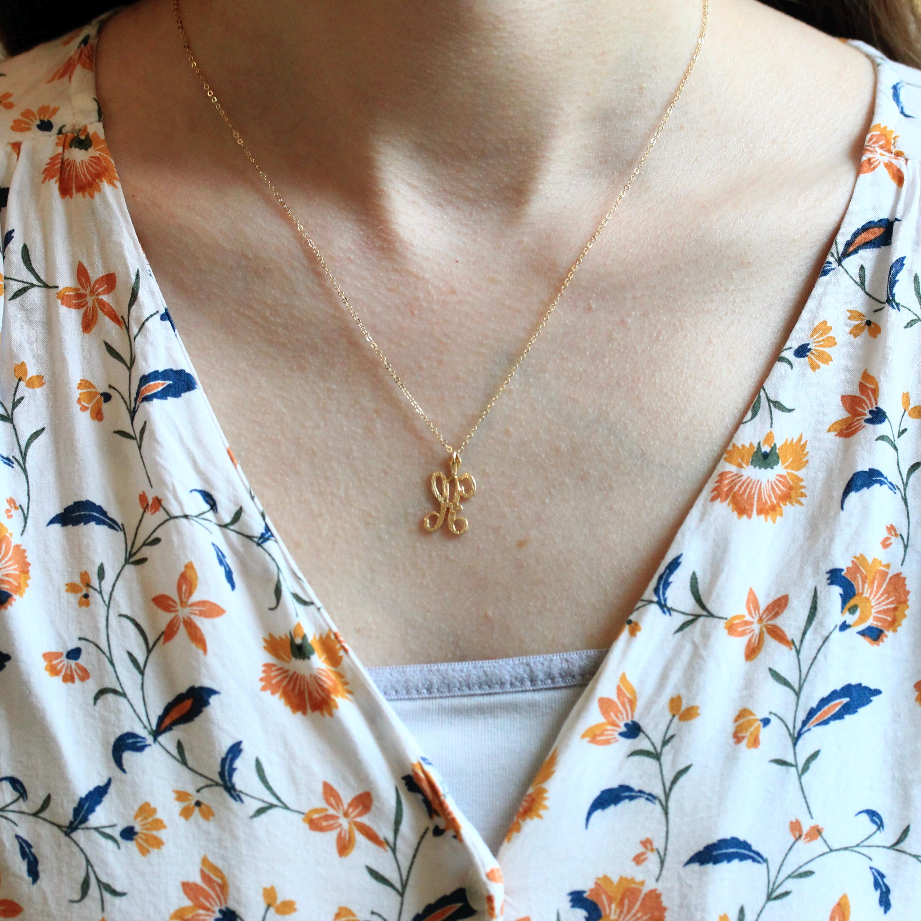 Letter "H" Necklace - Modern Estate 14k Yellow Gold Personalized Pendant Charm - Cursive High Polished Single Initial Fine Gold Jewelry