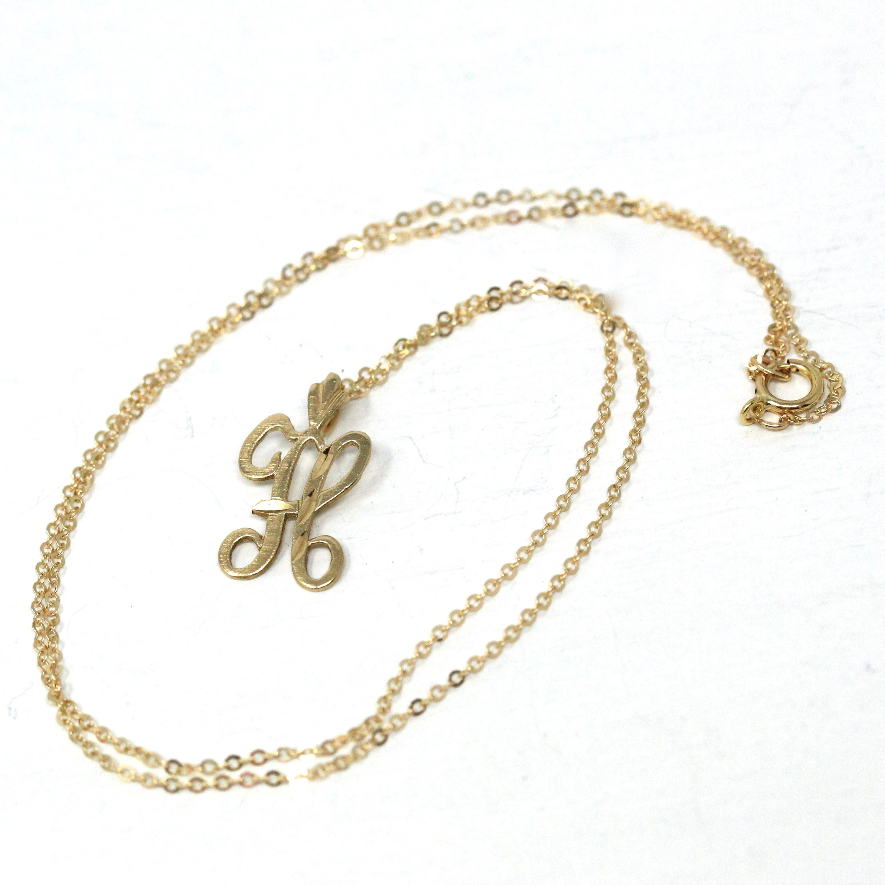 Letter "H" Necklace - Modern Estate 14k Yellow Gold Personalized Pendant Charm - Cursive High Polished Single Initial Fine Gold Jewelry