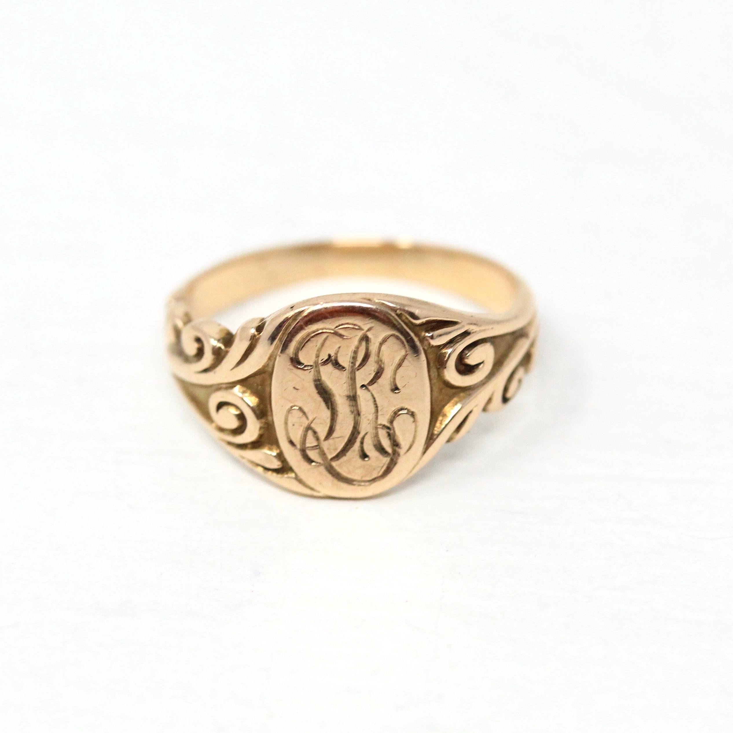 Edwardian Signet Ring - Antique 10k Rosy Yellow Gold SJK Engraved Monogram Initials - Art Nouveau 1910s Size 4 3/4 Fine Scroll Jewelry