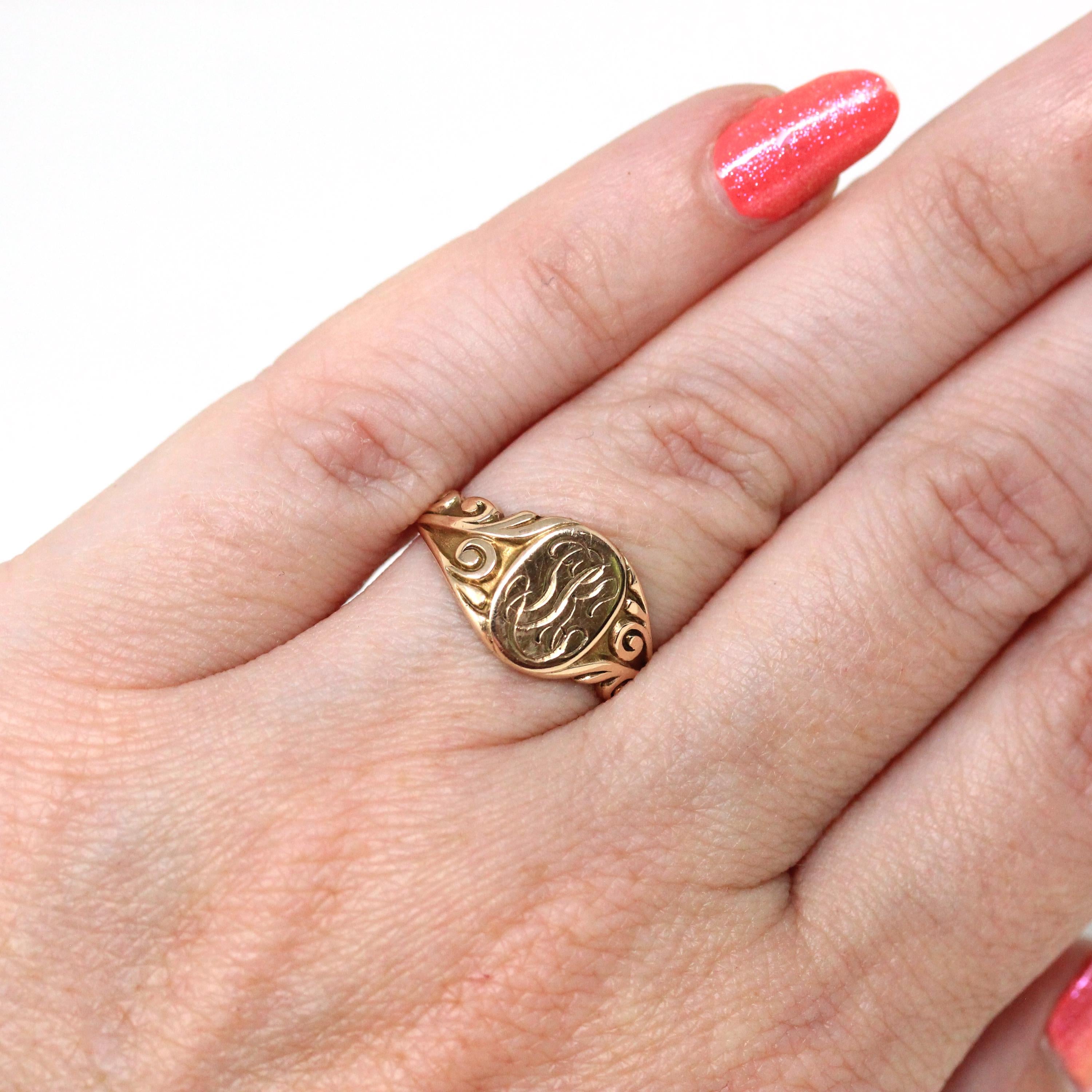 Edwardian Signet Ring - Antique 10k Rosy Yellow Gold SJK Engraved Monogram Initials - Art Nouveau 1910s Size 4 3/4 Fine Scroll Jewelry