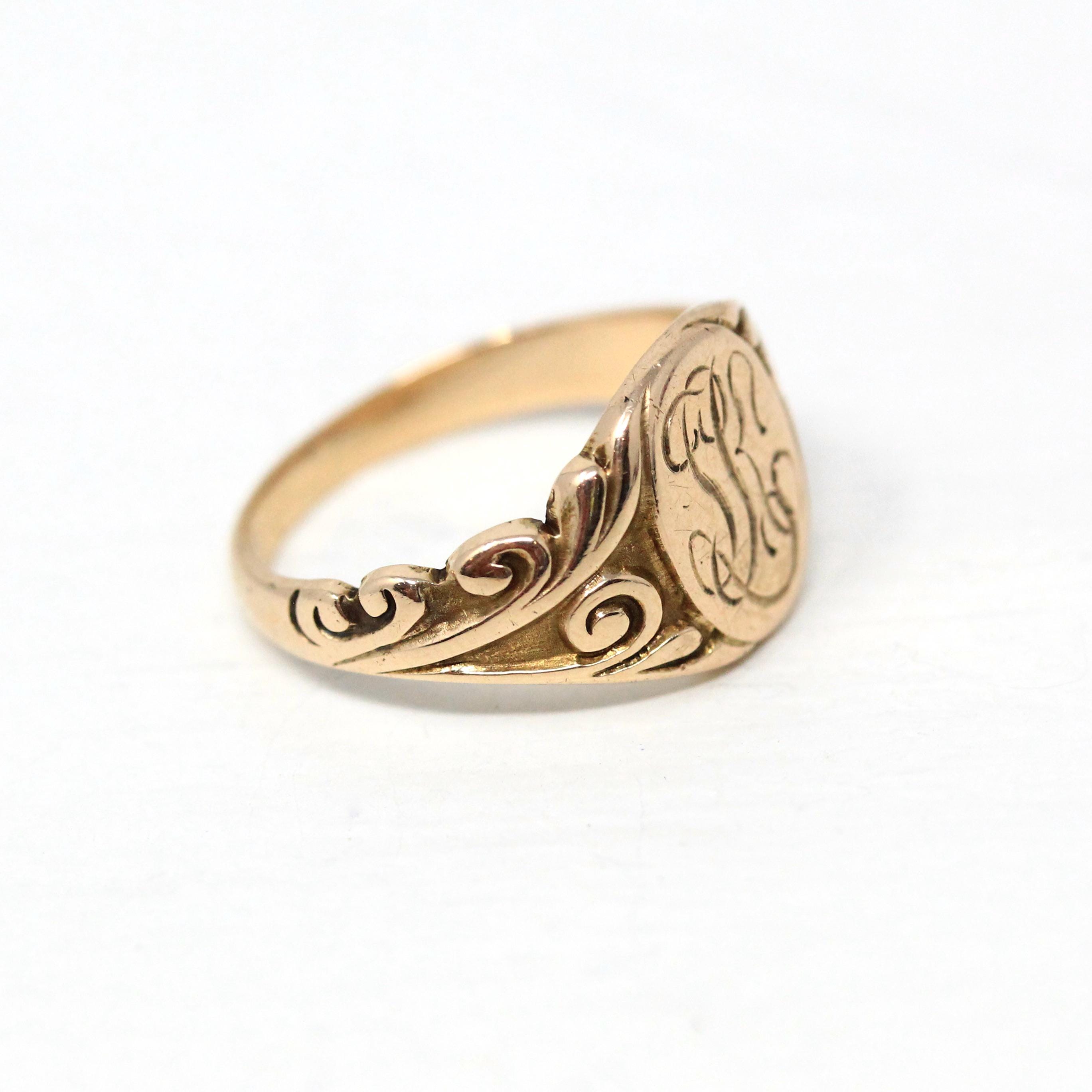 Edwardian Signet Ring - Antique 10k Rosy Yellow Gold SJK Engraved Monogram Initials - Art Nouveau 1910s Size 4 3/4 Fine Scroll Jewelry