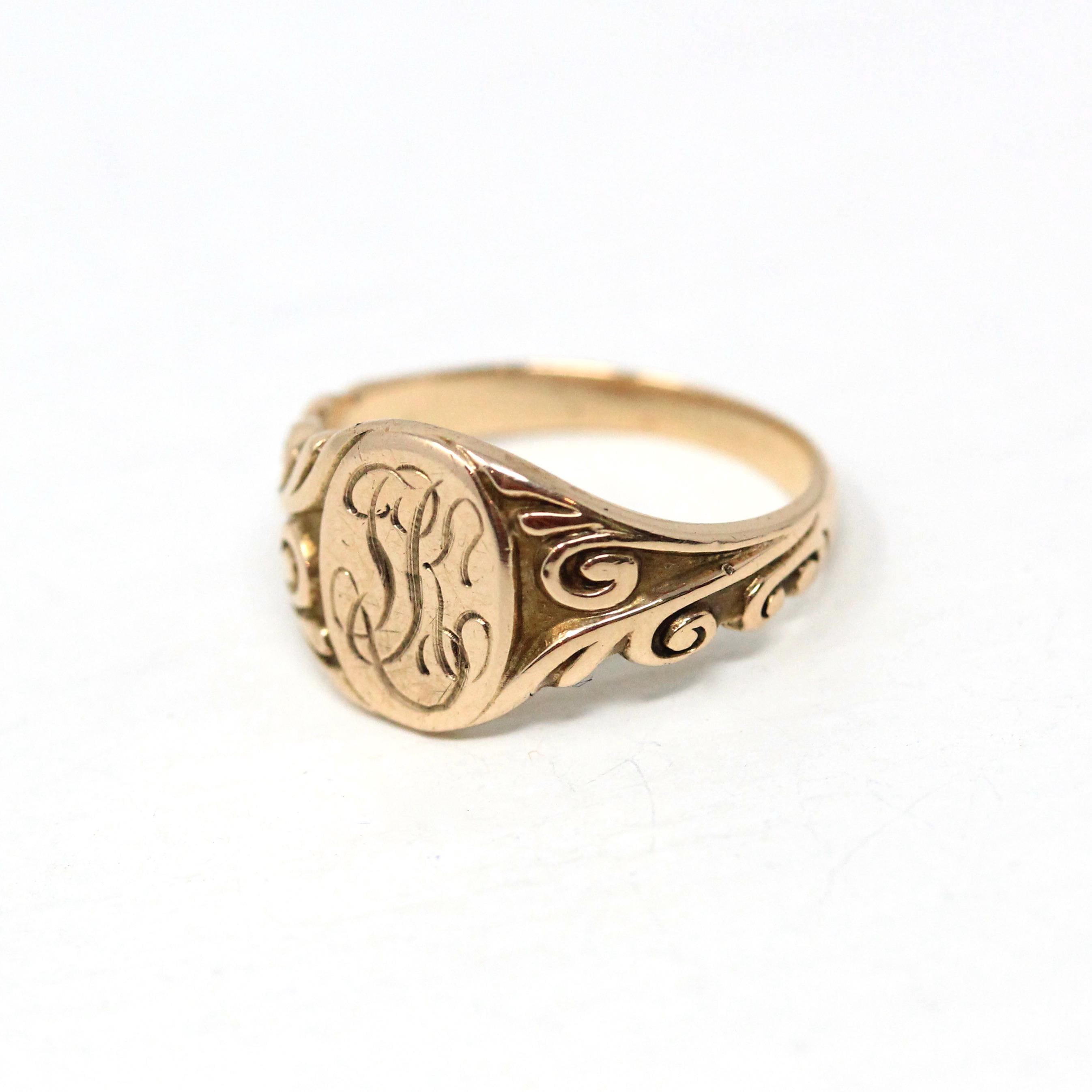 Edwardian Signet Ring - Antique 10k Rosy Yellow Gold SJK Engraved Monogram Initials - Art Nouveau 1910s Size 4 3/4 Fine Scroll Jewelry