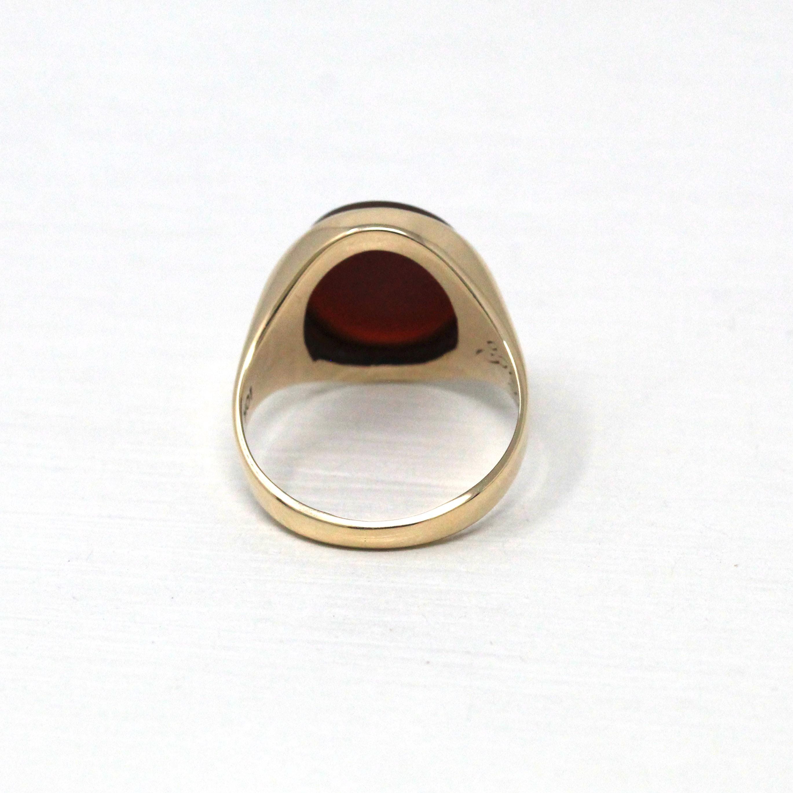 Vintage Carnelian Ring - Retro 10k Yellow Gold Red Oval Genuine Gemstone - Circa 1940s Era Size 6 1/2 Signet "PDH" Men's Unisex Fine Jewelry