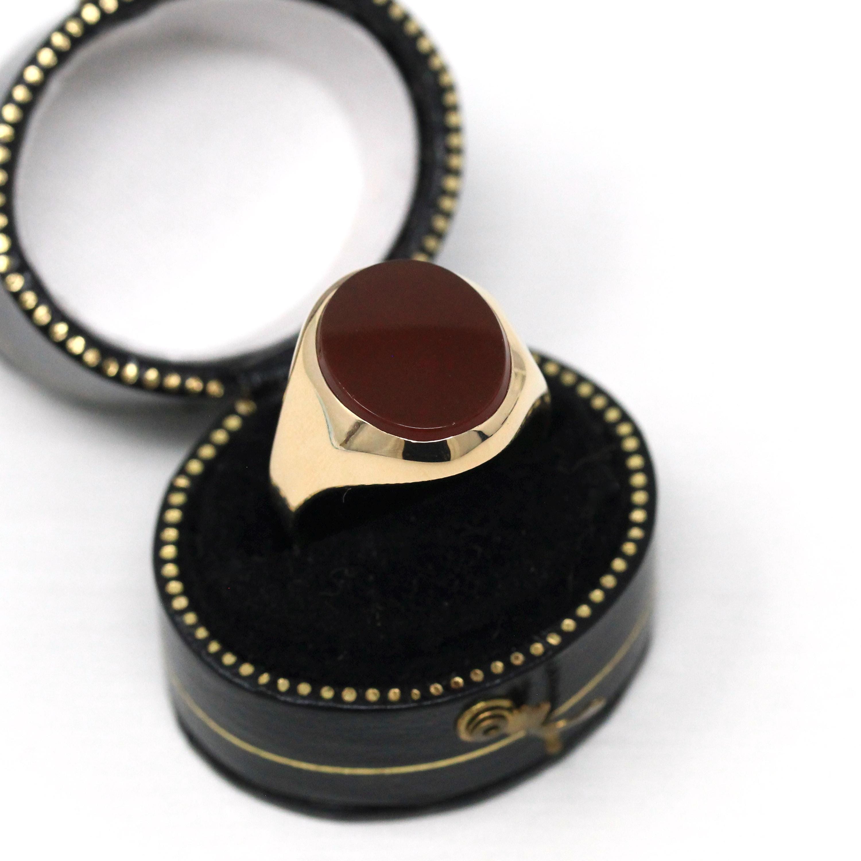 Vintage Carnelian Ring - Retro 10k Yellow Gold Red Oval Genuine Gemstone - Circa 1940s Era Size 6 1/2 Signet "PDH" Men's Unisex Fine Jewelry