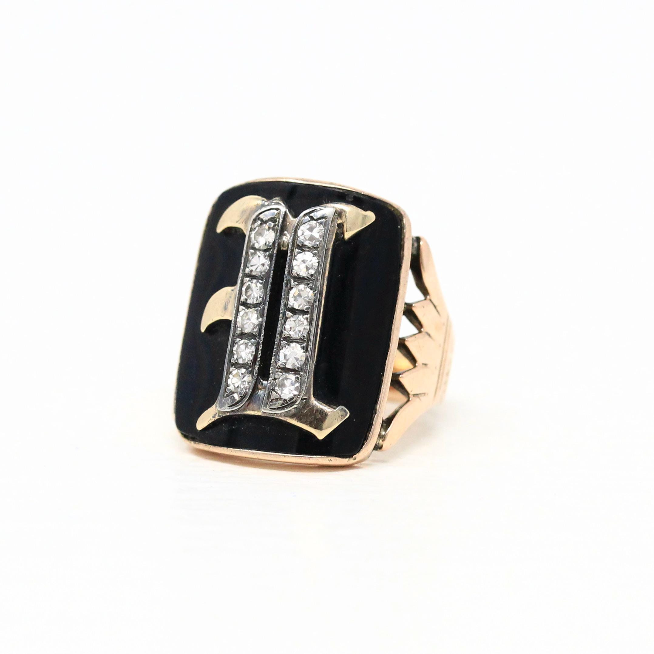 Letter "I" Ring - Victorian 10k Rose Gold Black Chalcedony Onyx Signet - Vintage 1890s Size 4 Black Initial Old English Diamonds Jewelry