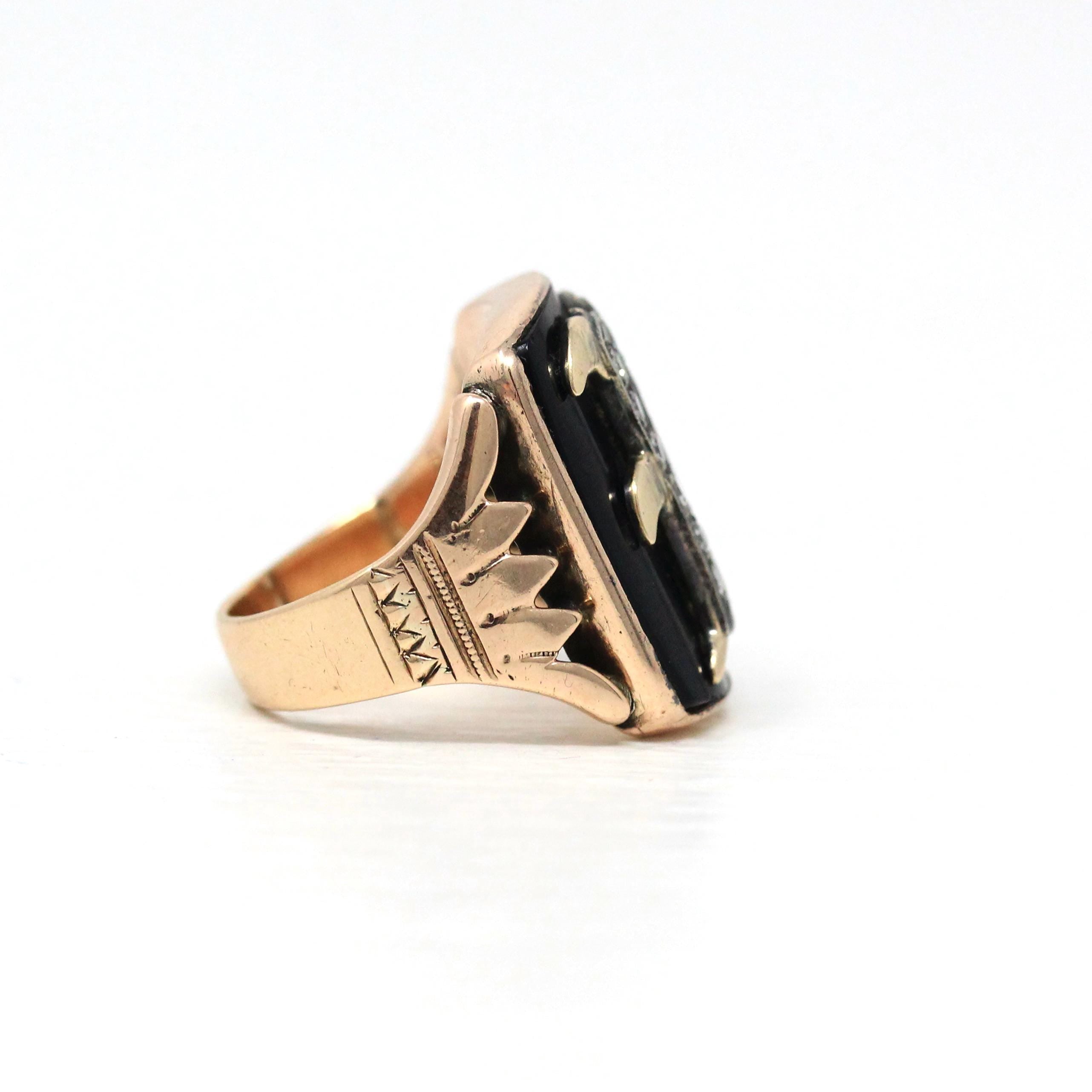 Letter "I" Ring - Victorian 10k Rose Gold Black Chalcedony Onyx Signet - Vintage 1890s Size 4 Black Initial Old English Diamonds Jewelry