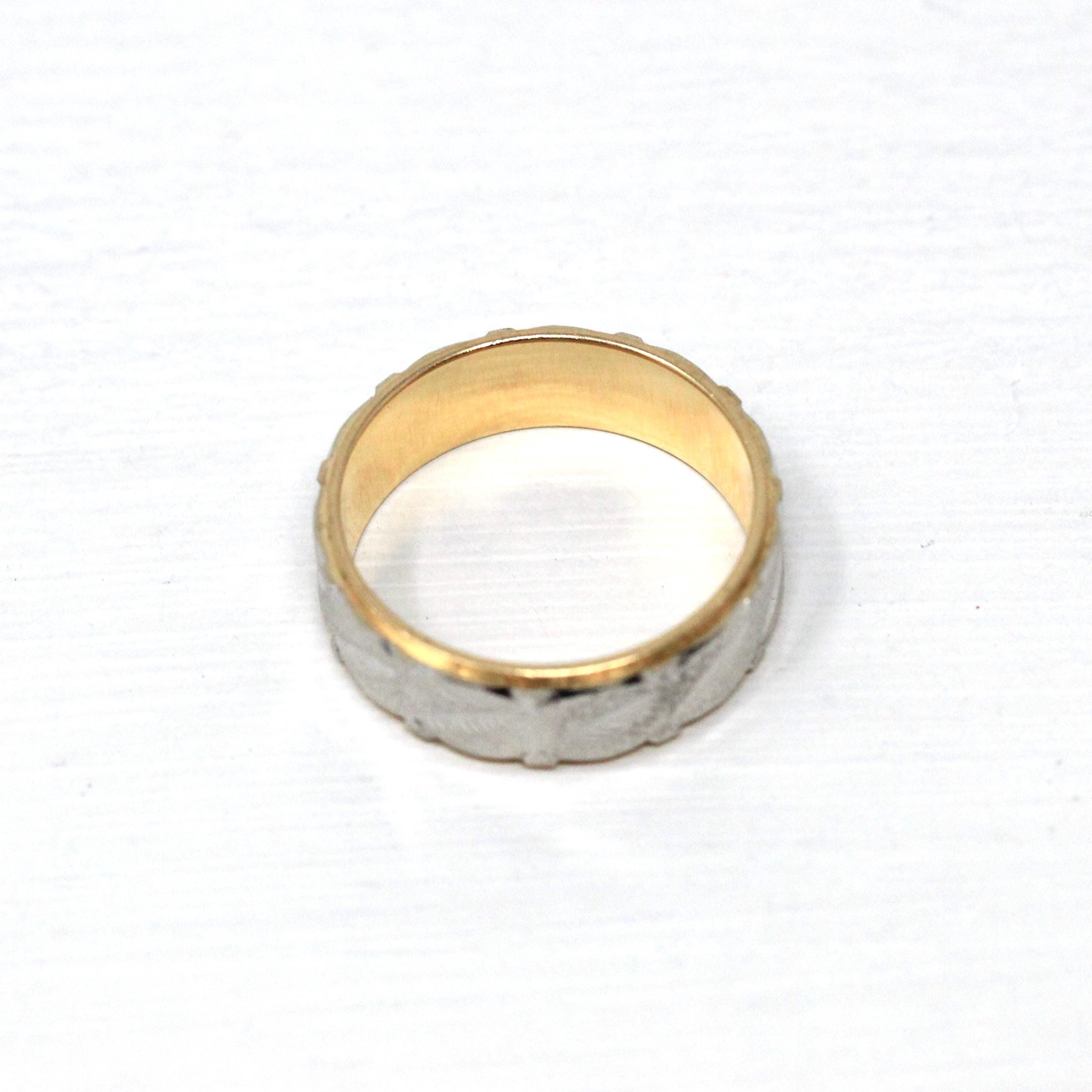 Estate Diamond Cut Band - Modern 14k Yellow & White Gold Carved Cigar Style - Vintage Circa 1980s Era Size 6.5 Machined Wedding Fine Jewelry