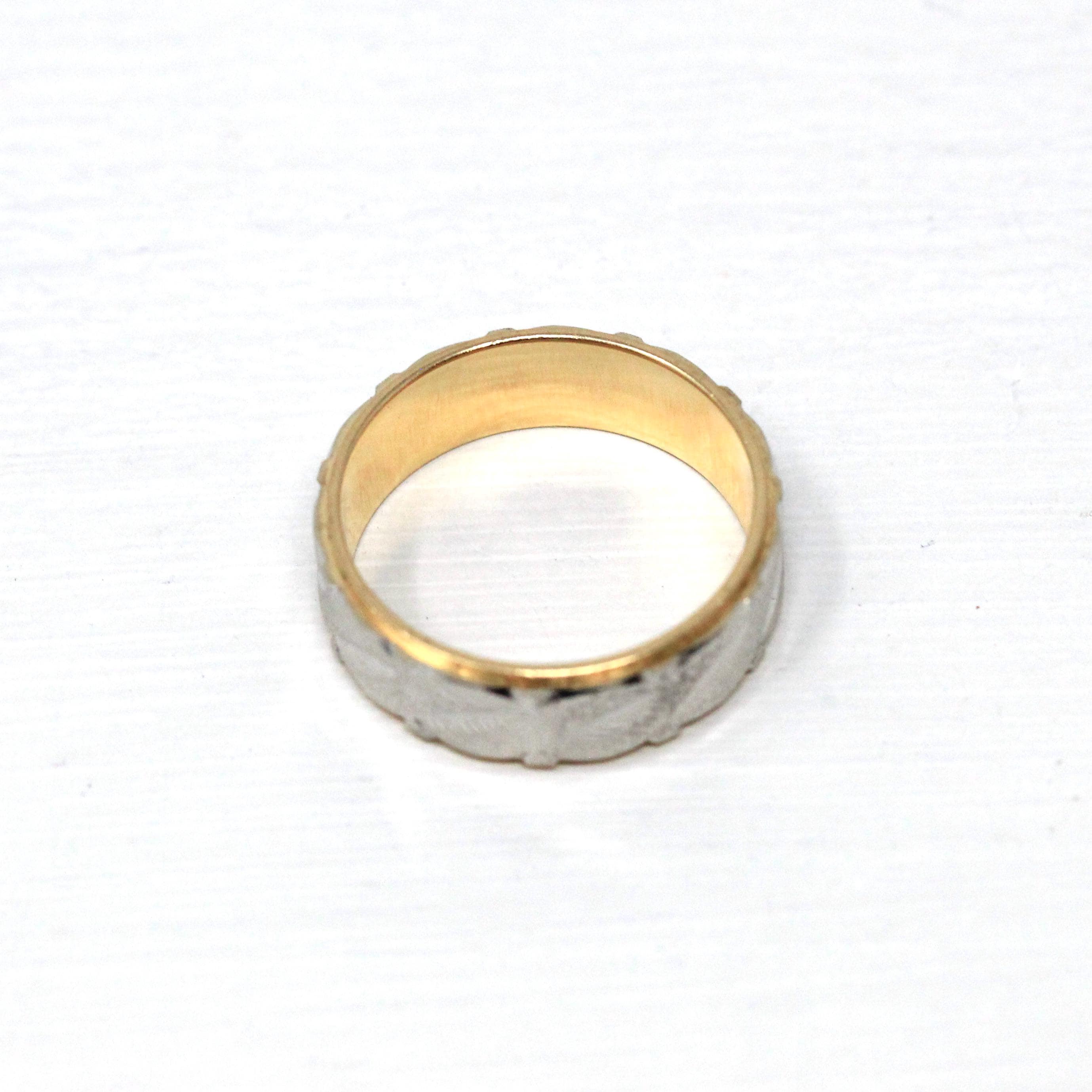 Estate Diamond Cut Band - Modern 14k Yellow & White Gold Carved Cigar Style - Vintage Circa 1980s Era Size 6.5 Machined Wedding Fine Jewelry