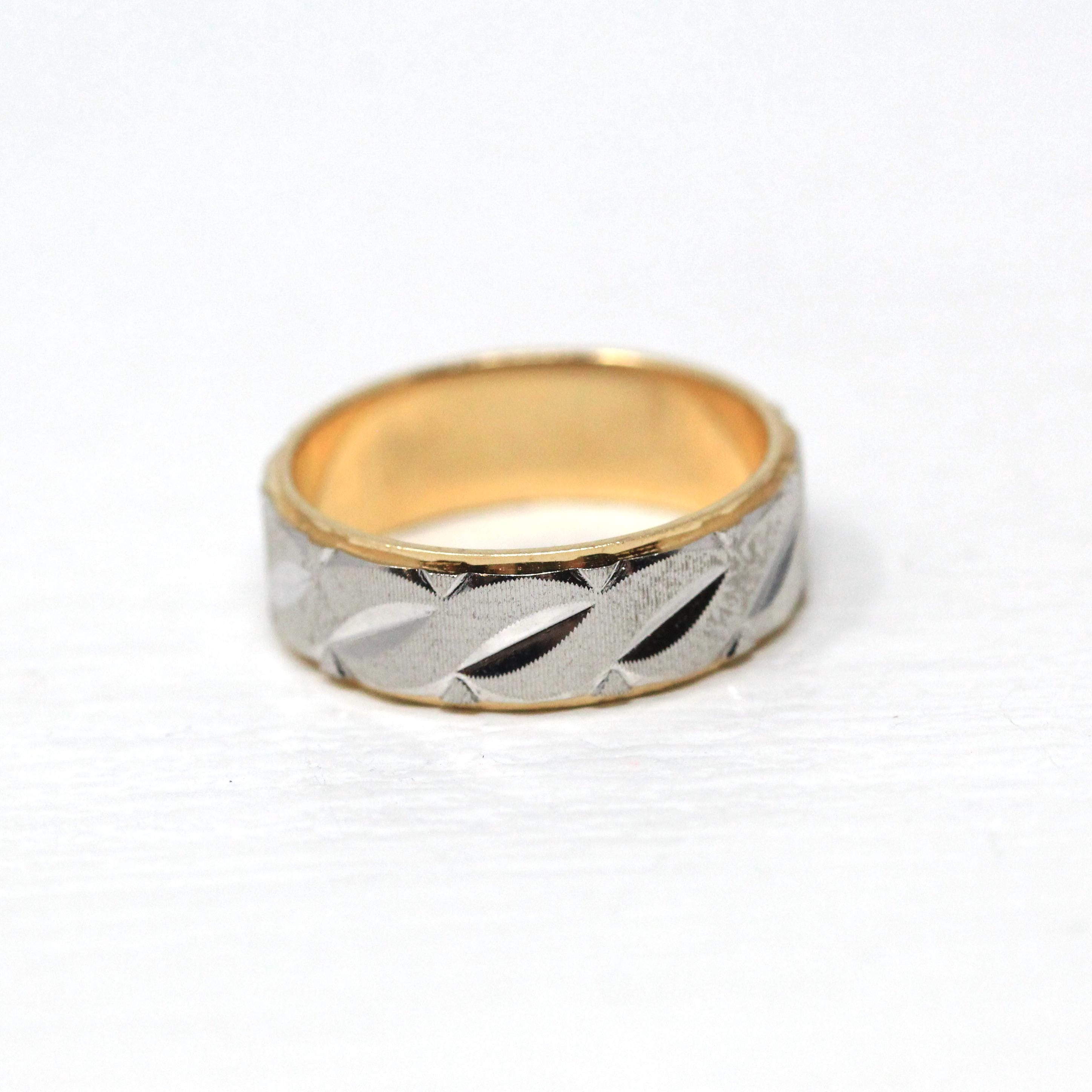 Estate Diamond Cut Band - Modern 14k Yellow & White Gold Carved Cigar Style - Vintage Circa 1980s Era Size 6.5 Machined Wedding Fine Jewelry