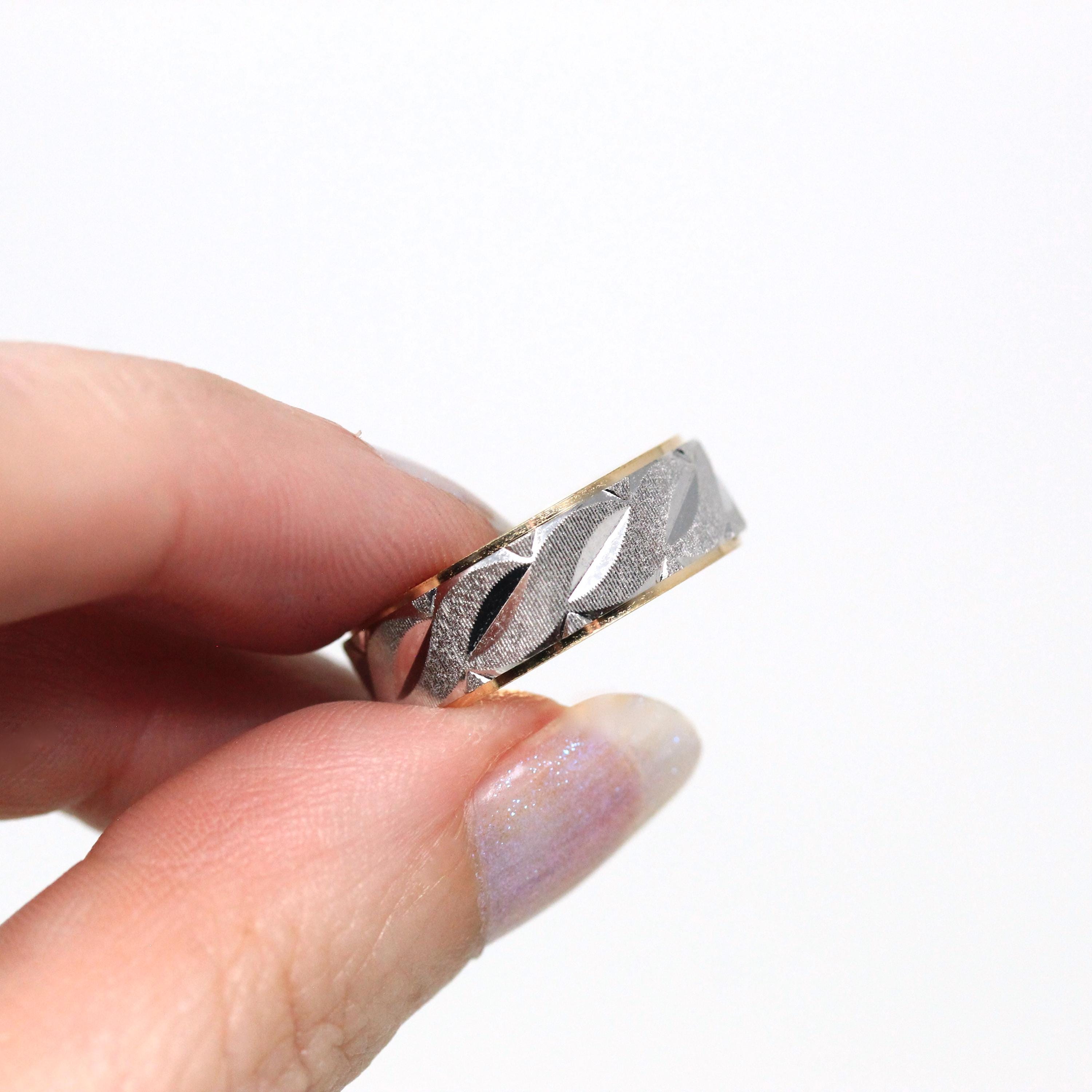 Estate Diamond Cut Band - Modern 14k Yellow & White Gold Carved Cigar Style - Vintage Circa 1980s Era Size 6.5 Machined Wedding Fine Jewelry