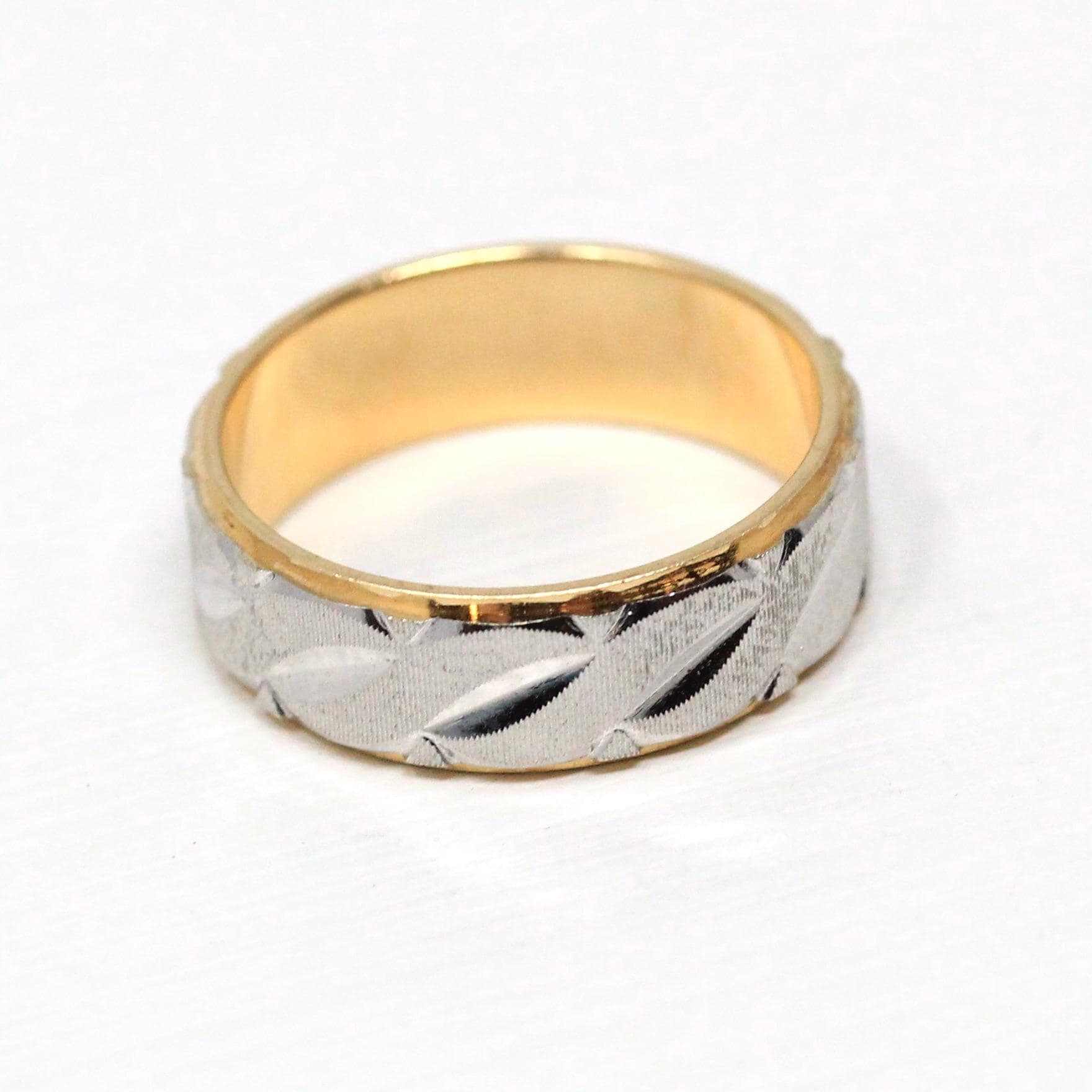 Estate Diamond Cut Band - Modern 14k Yellow & White Gold Carved Cigar Style - Vintage Circa 1980s Era Size 6.5 Machined Wedding Fine Jewelry
