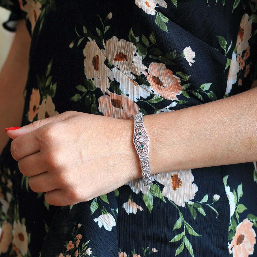 Art Deco Bracelet - Vintage 10k White Gold Filigree Genuine Diamond Green Glass Gemstone - Vintage Circa 1930 Simulated Emerald Fine Jewelry