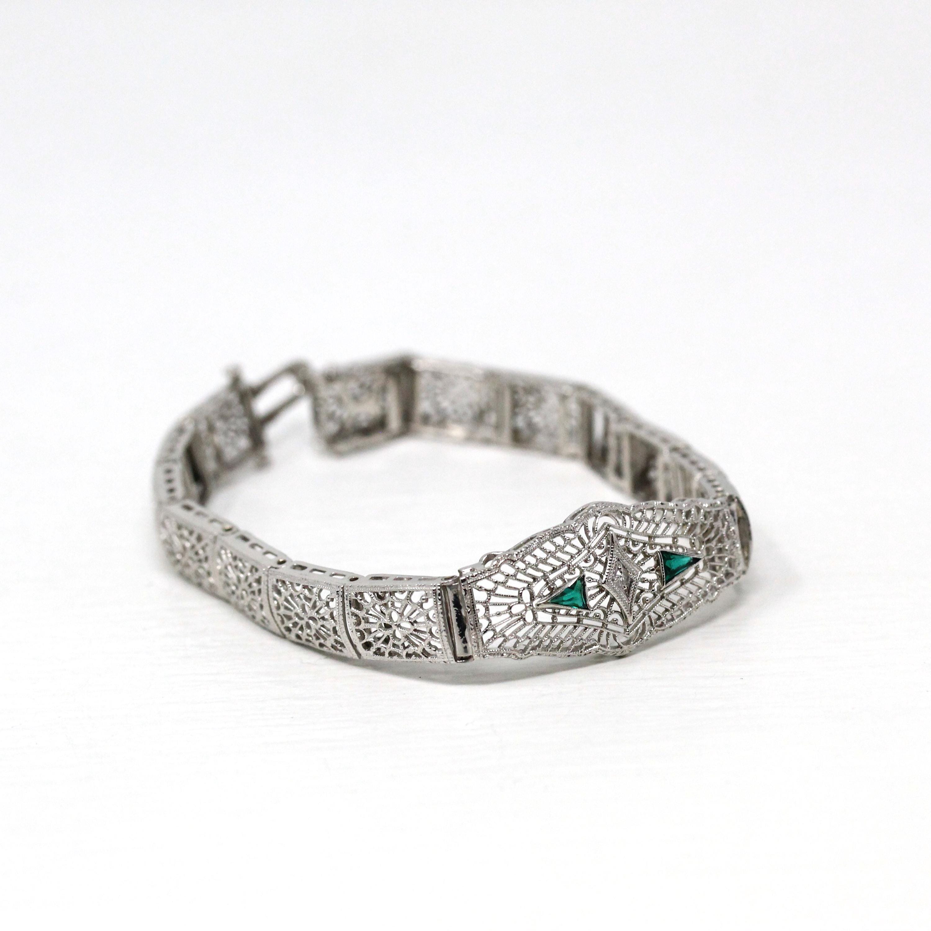 Art Deco Bracelet - Vintage 10k White Gold Filigree Genuine Diamond Green Glass Gemstone - Vintage Circa 1930 Simulated Emerald Fine Jewelry