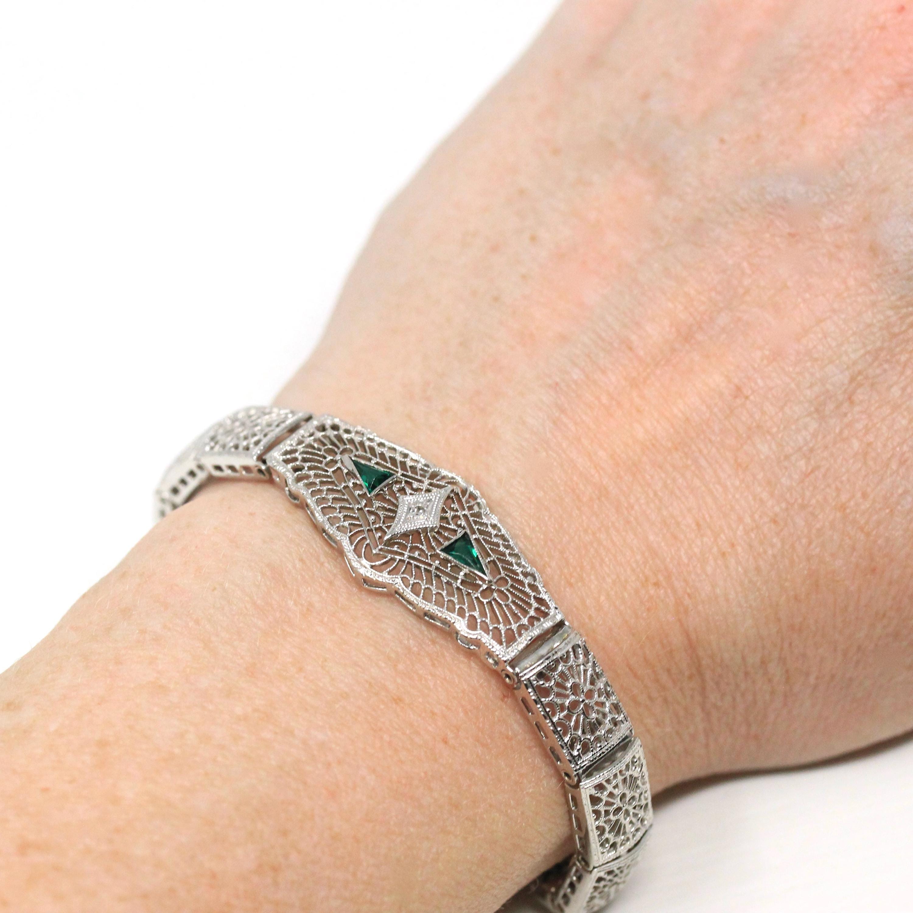 Art Deco Bracelet - Vintage 10k White Gold Filigree Genuine Diamond Green Glass Gemstone - Vintage Circa 1930 Simulated Emerald Fine Jewelry