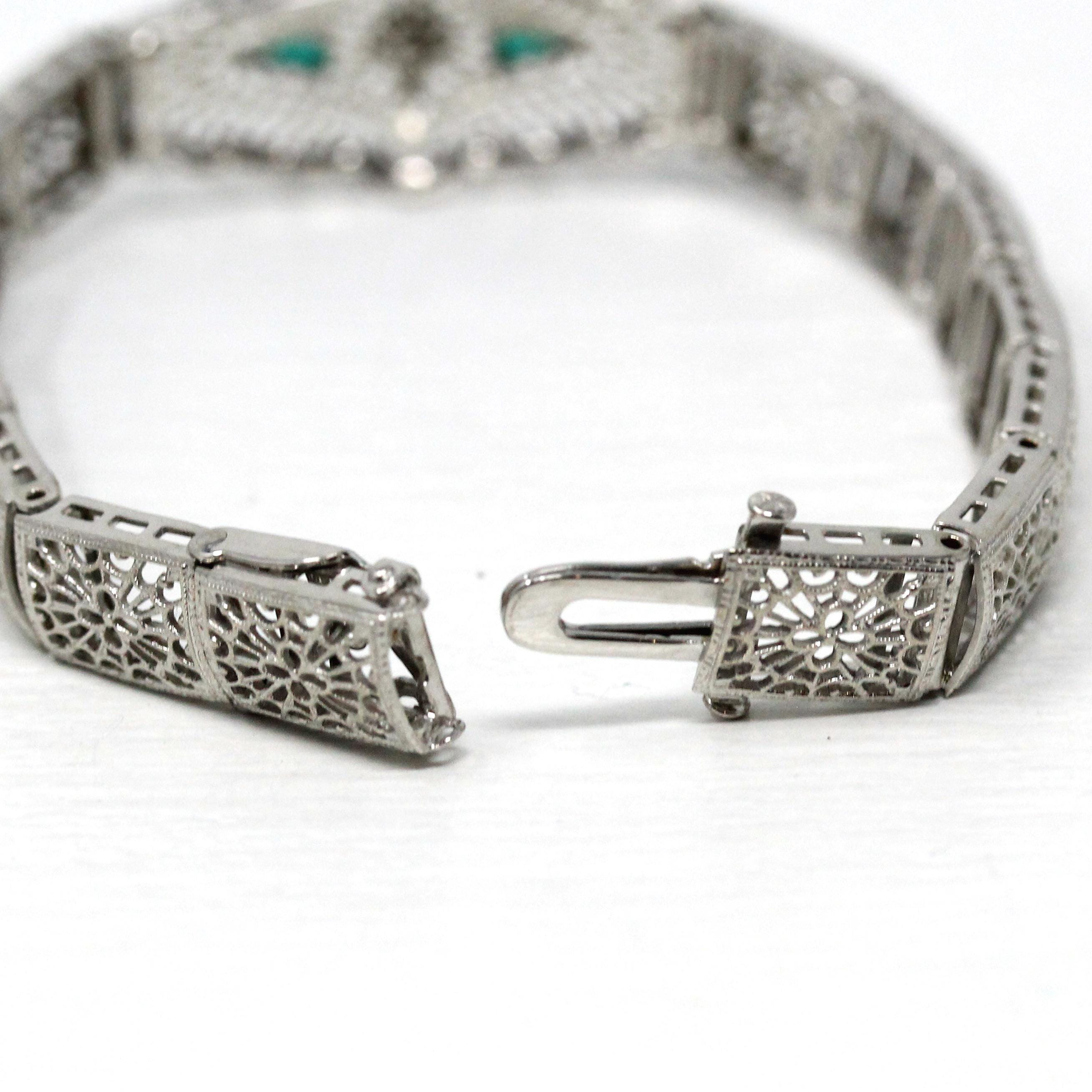 Art Deco Bracelet - Vintage 10k White Gold Filigree Genuine Diamond Green Glass Gemstone - Vintage Circa 1930 Simulated Emerald Fine Jewelry