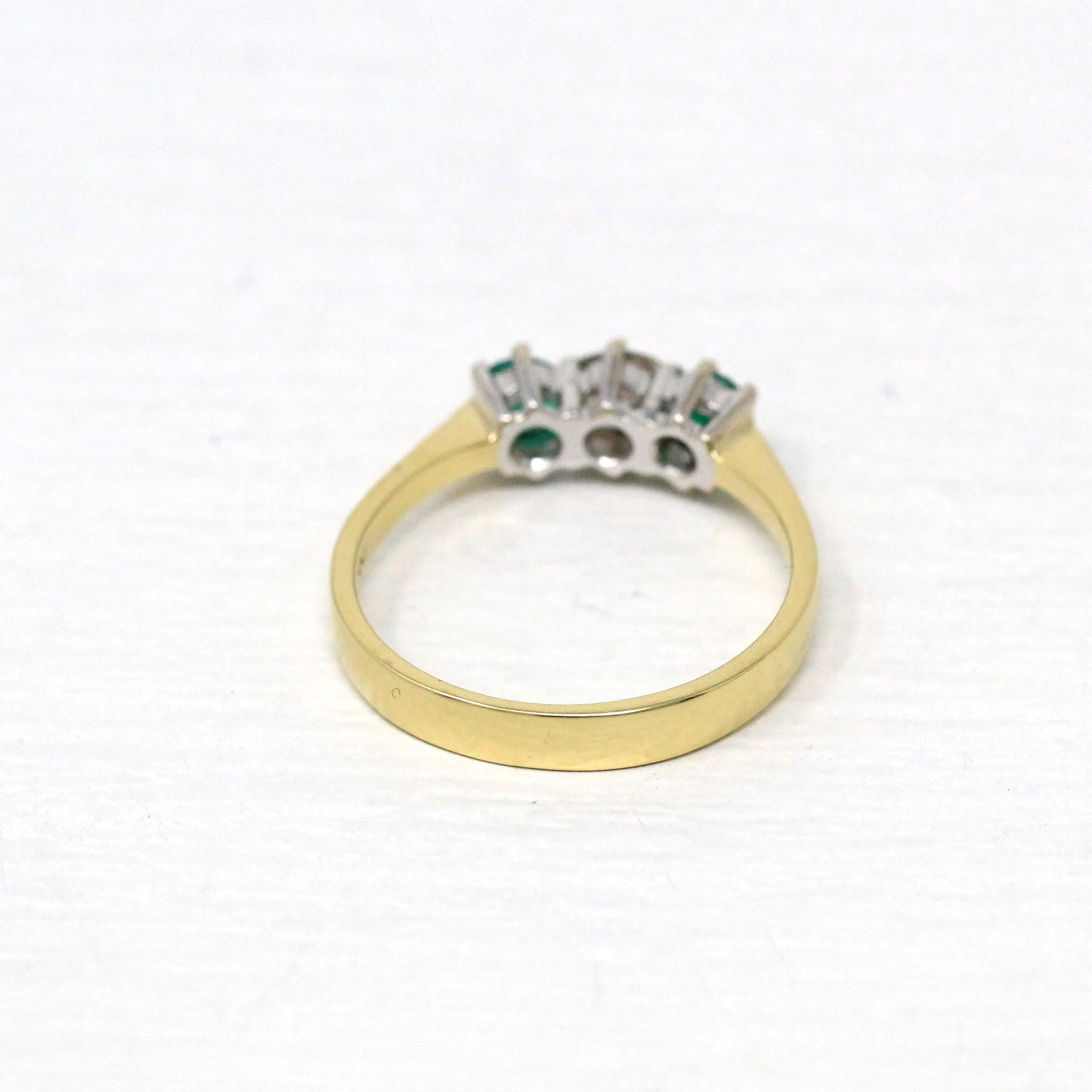 Emerald & Diamond Ring - Estate 18k Yellow and White Gold Three Gemstones - Modern 2000s Old Mine Cut Size 6 1/2 May Birthstone Fine Jewelry