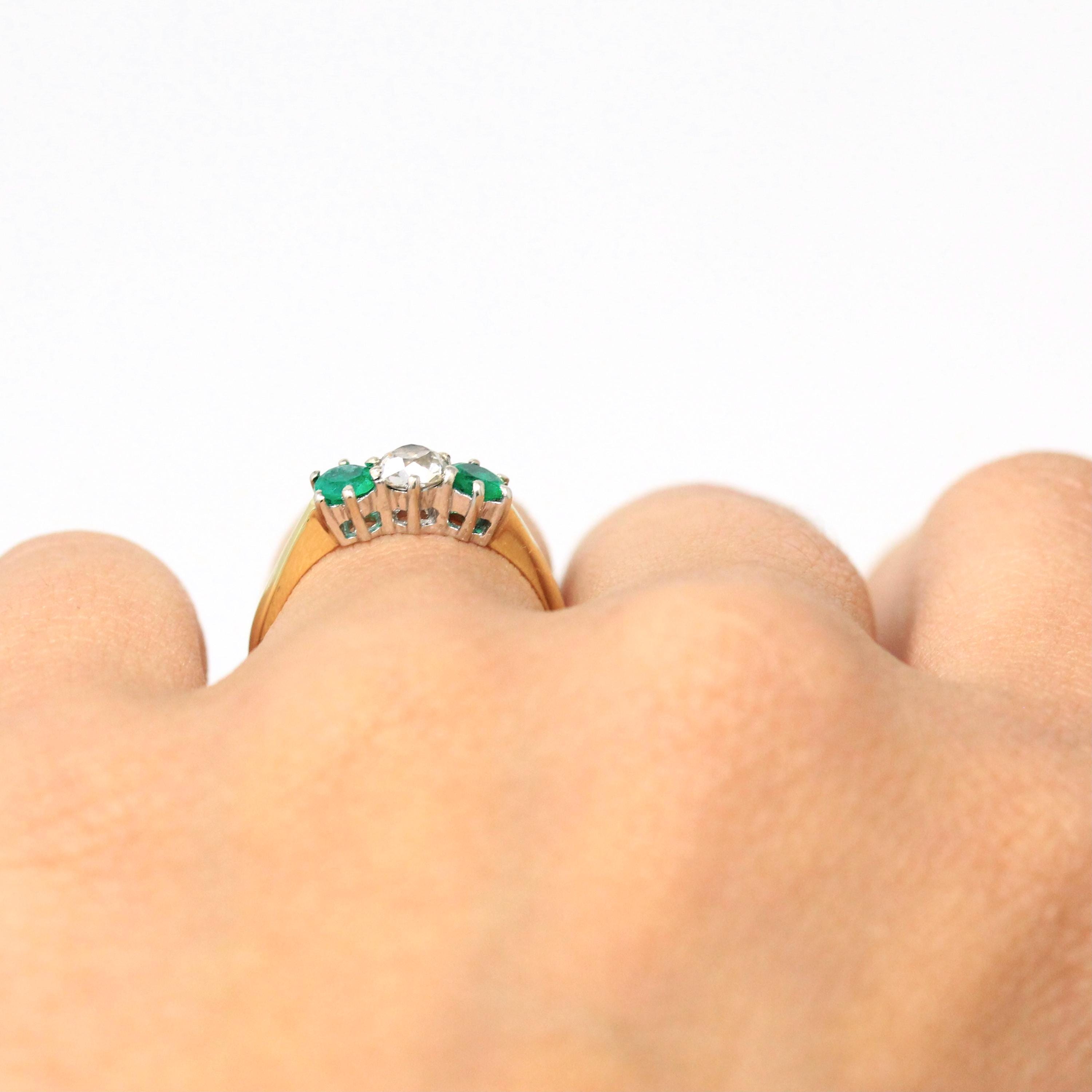 Emerald & Diamond Ring - Estate 18k Yellow and White Gold Three Gemstones - Modern 2000s Old Mine Cut Size 6 1/2 May Birthstone Fine Jewelry
