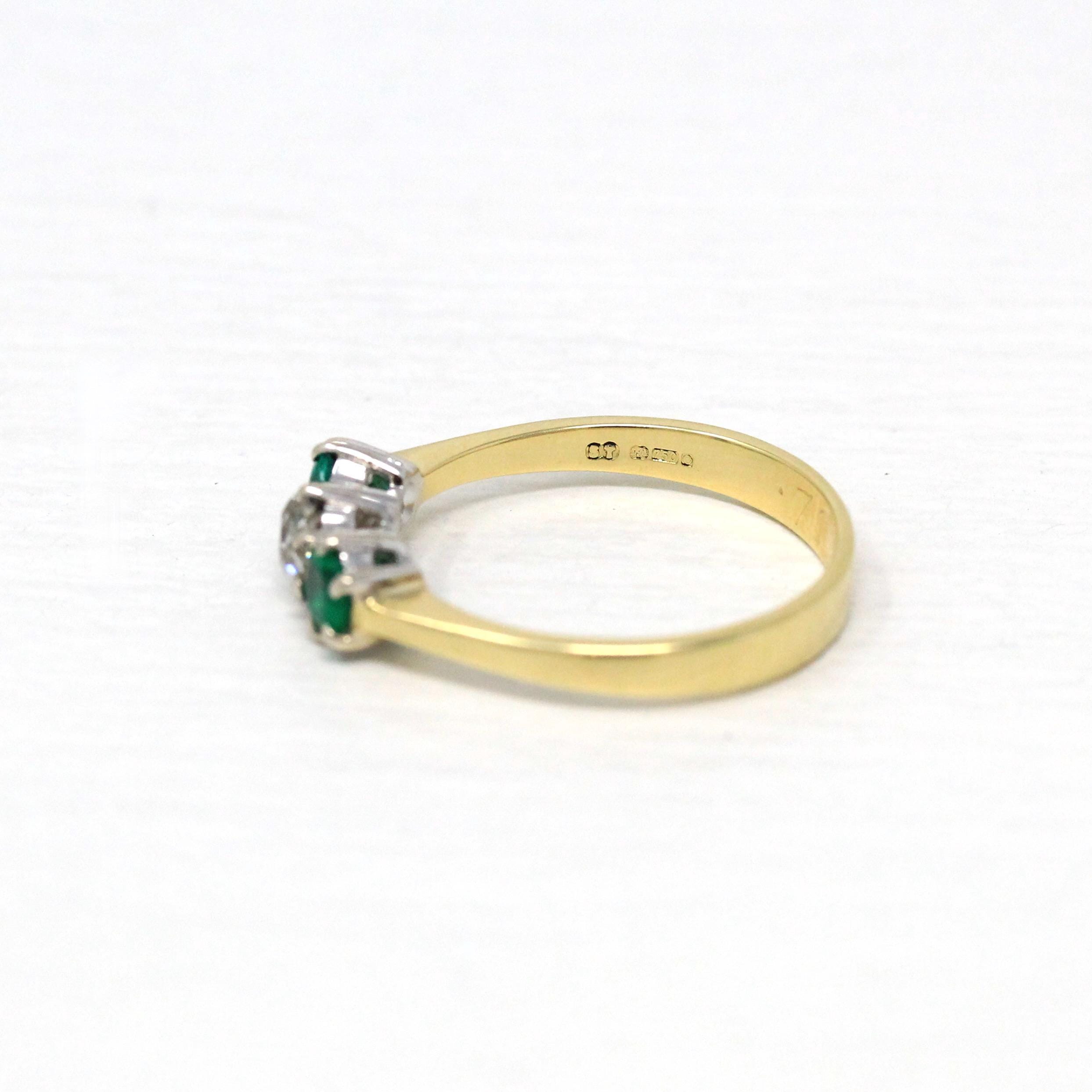 Emerald & Diamond Ring - Estate 18k Yellow and White Gold Three Gemstones - Modern 2000s Old Mine Cut Size 6 1/2 May Birthstone Fine Jewelry