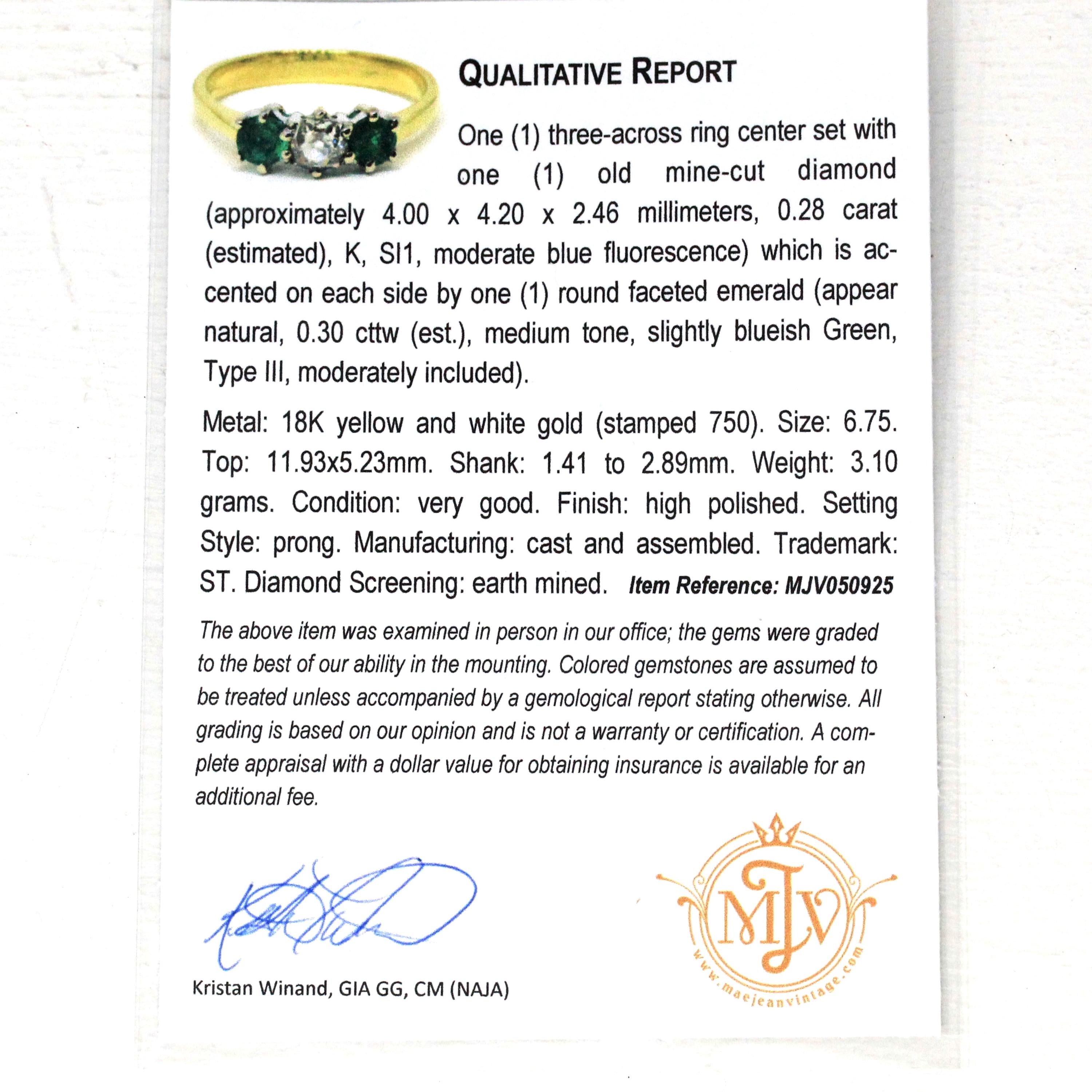 Emerald & Diamond Ring - Estate 18k Yellow and White Gold Three Gemstones - Modern 2000s Old Mine Cut Size 6 1/2 May Birthstone Fine Jewelry