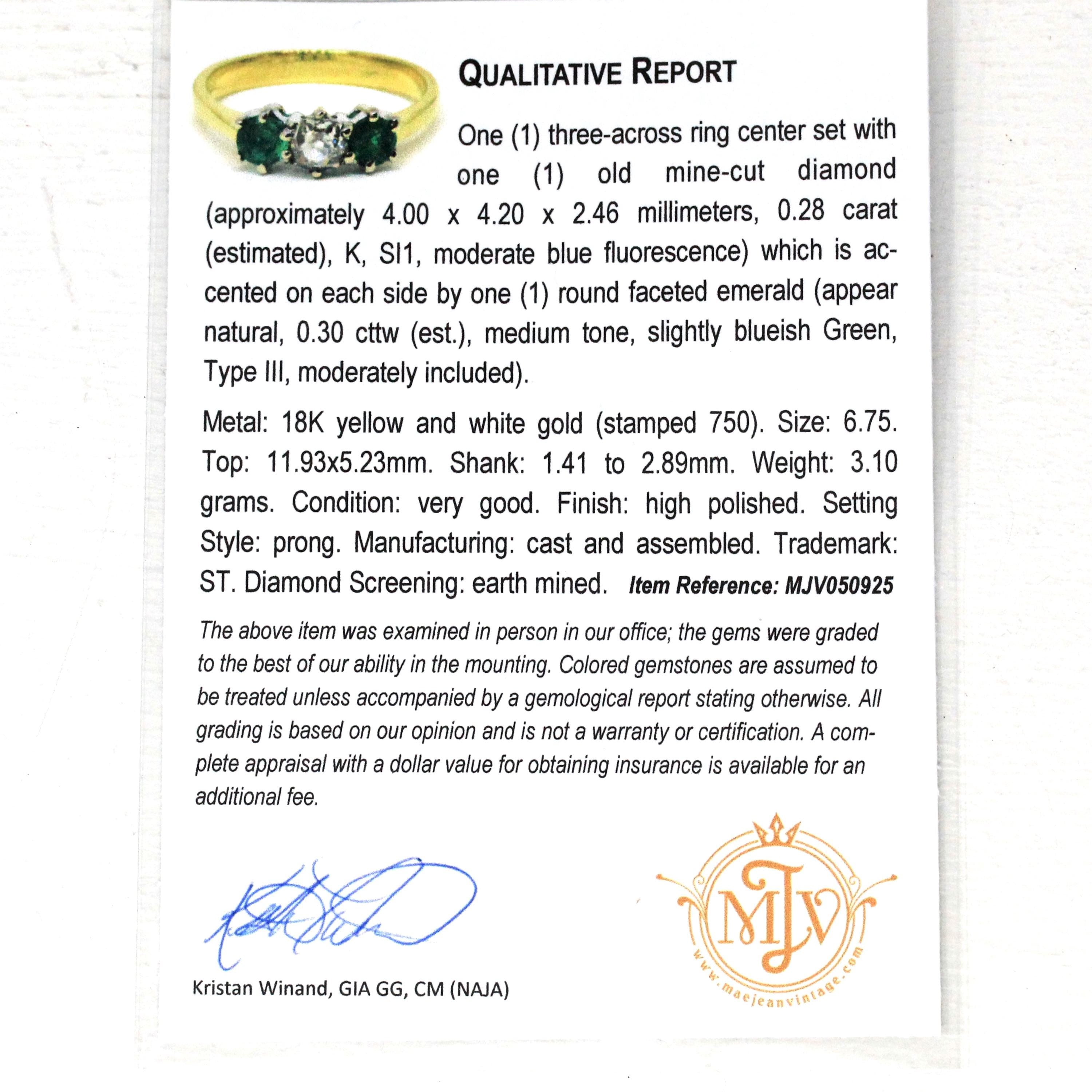 Emerald & Diamond Ring - Estate 18k Yellow and White Gold Three Gemstones - Modern 2000s Old Mine Cut Size 6 1/2 May Birthstone Fine Jewelry