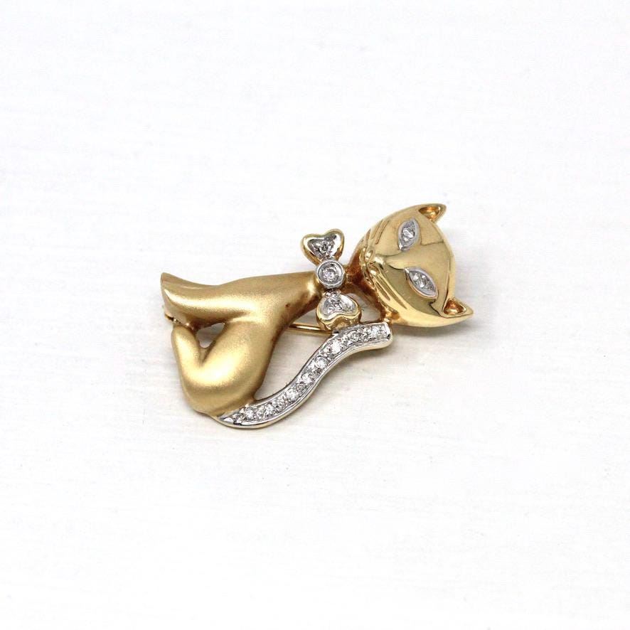 Diamond Cat Brooch - Estate 14k Yellow & White Gold Feline Pin - Modern Two Tone Circa 2000s April Birthstone Figural Animal Fine Jewelry