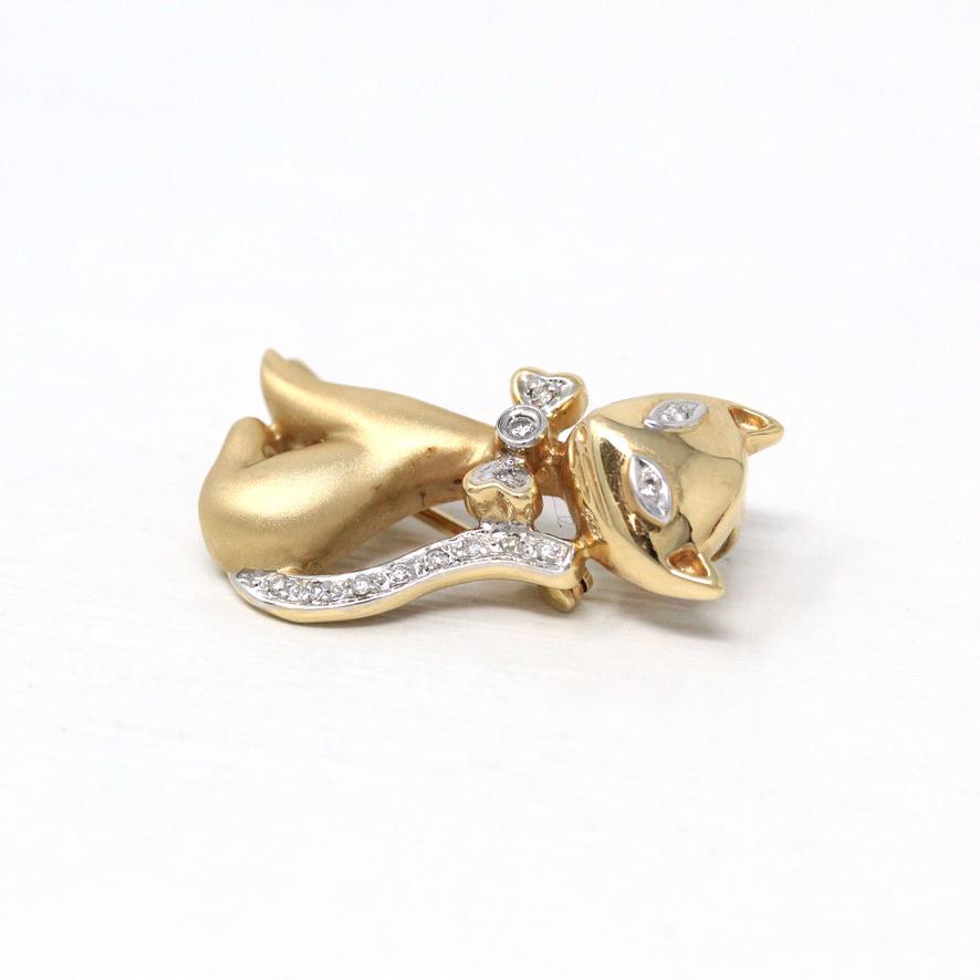 Diamond Cat Brooch - Estate 14k Yellow & White Gold Feline Pin - Modern Two Tone Circa 2000s April Birthstone Figural Animal Fine Jewelry