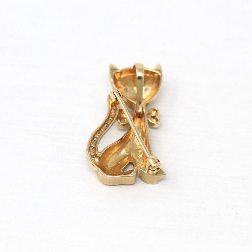 Diamond Cat Brooch - Estate 14k Yellow & White Gold Feline Pin - Modern Two Tone Circa 2000s April Birthstone Figural Animal Fine Jewelry
