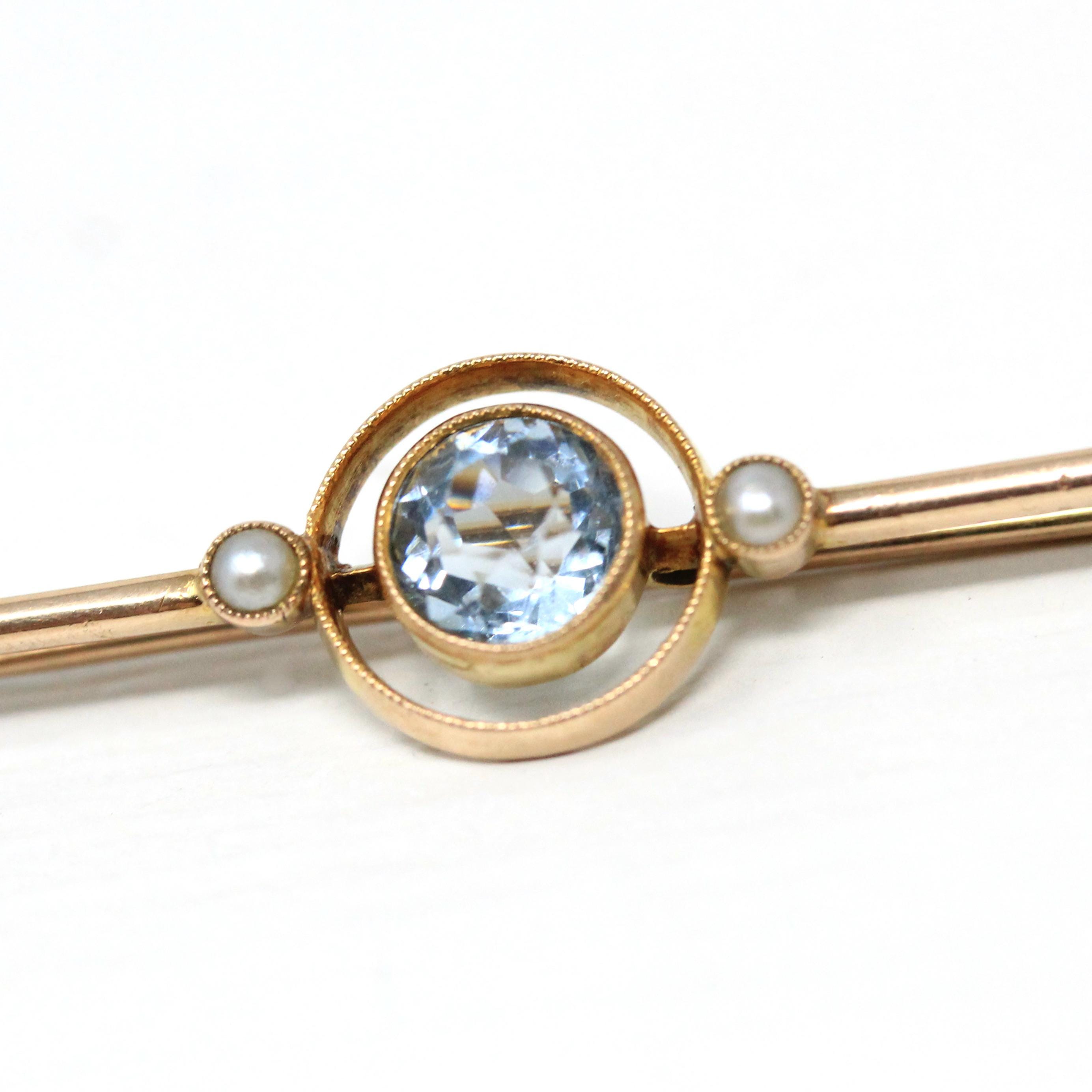 Simulated Aqua Brooch - Antique Edwardian 9k Yellow Gold Light Blue Glass Gem & Cultured Seed Pearls - Circa 1910s Birthstone Fine Jewelry