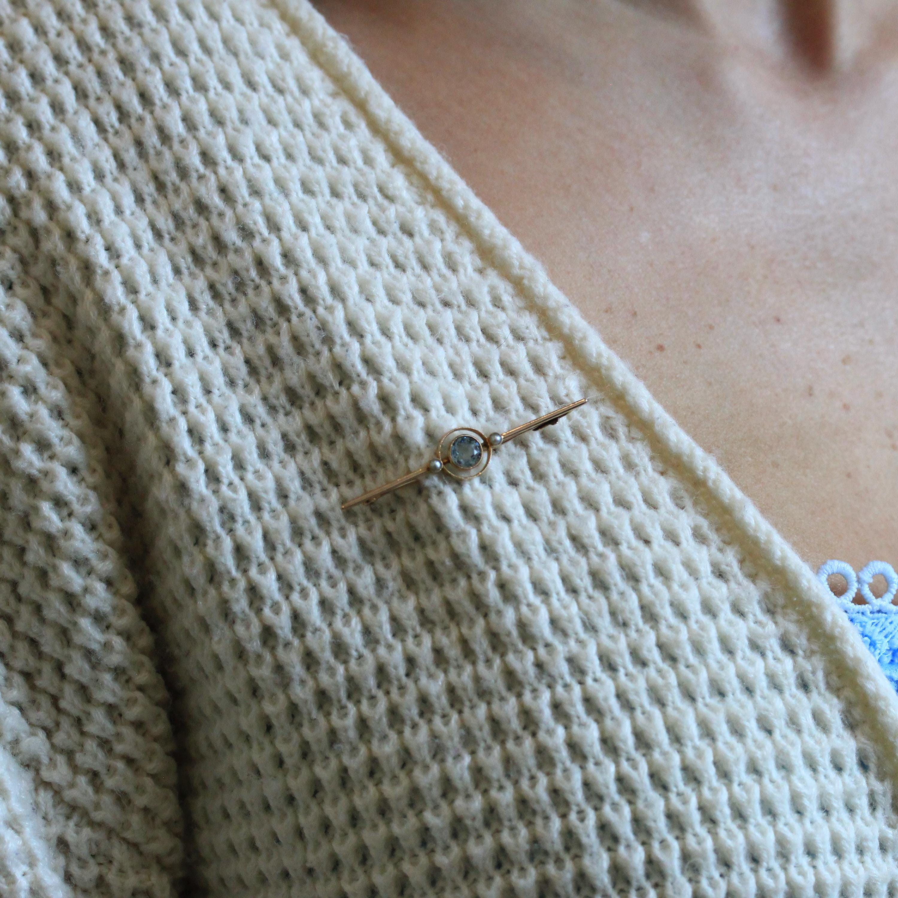 Simulated Aqua Brooch - Antique Edwardian 9k Yellow Gold Light Blue Glass Gem & Cultured Seed Pearls - Circa 1910s Birthstone Fine Jewelry