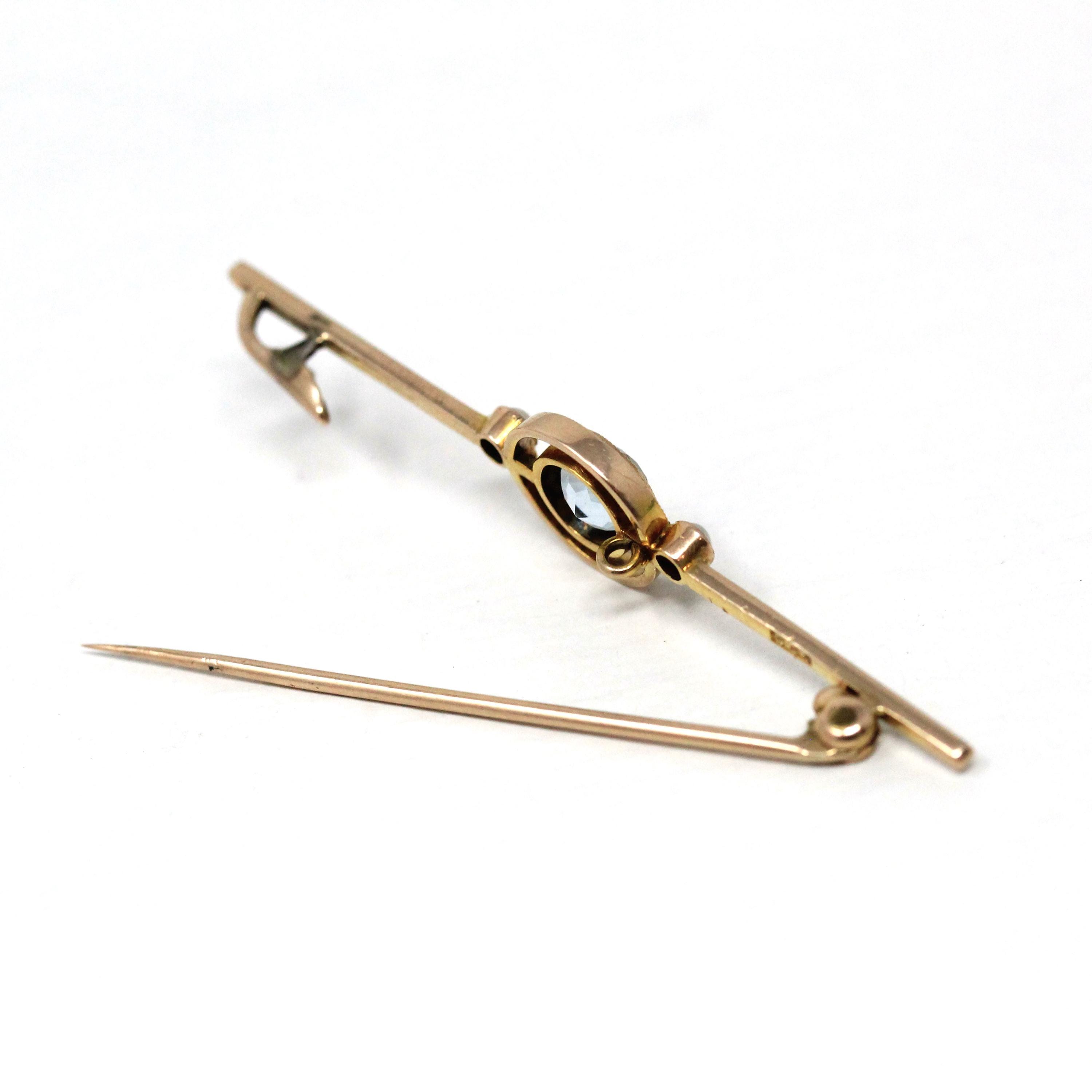 Simulated Aqua Brooch - Antique Edwardian 9k Yellow Gold Light Blue Glass Gem & Cultured Seed Pearls - Circa 1910s Birthstone Fine Jewelry