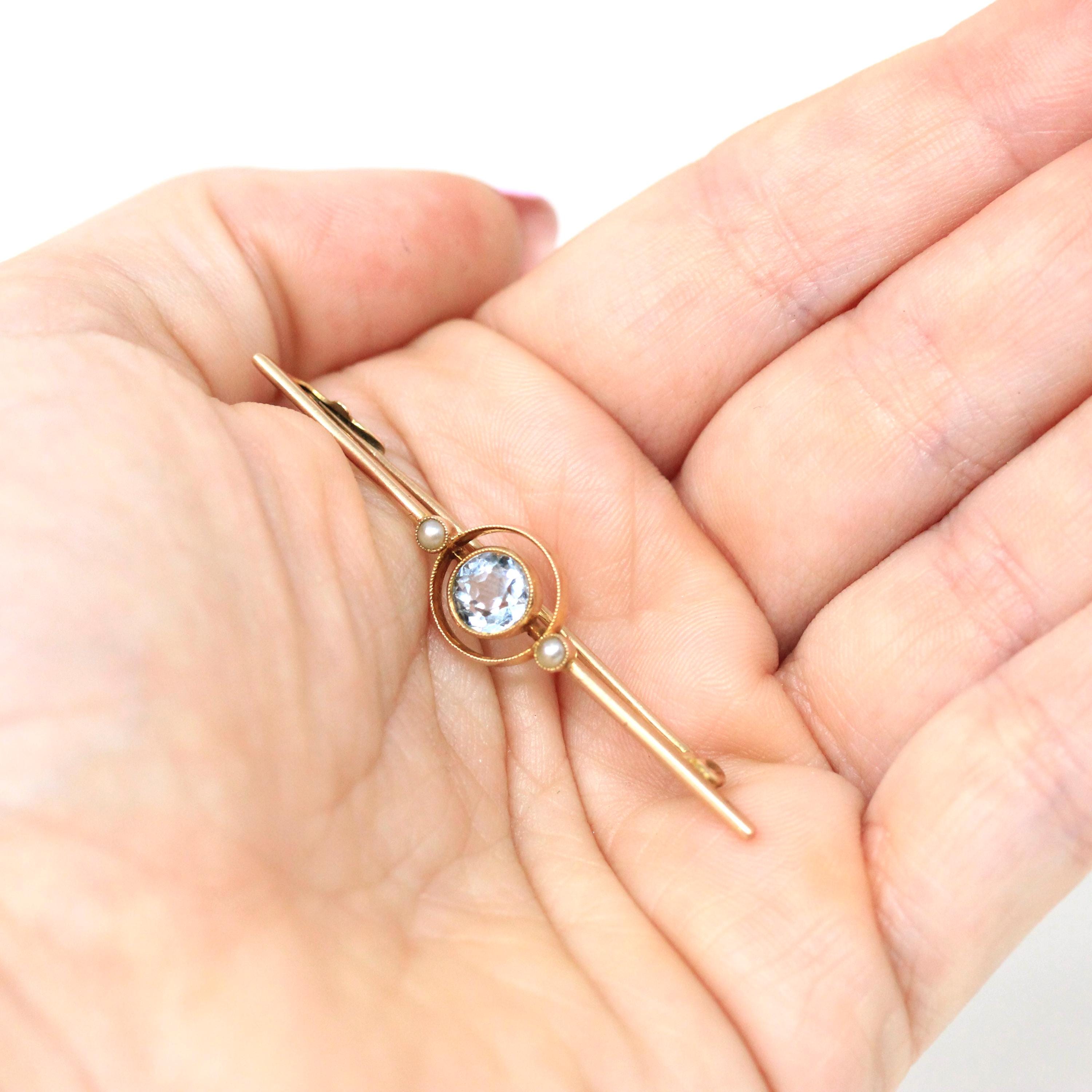 Simulated Aqua Brooch - Antique Edwardian 9k Yellow Gold Light Blue Glass Gem & Cultured Seed Pearls - Circa 1910s Birthstone Fine Jewelry