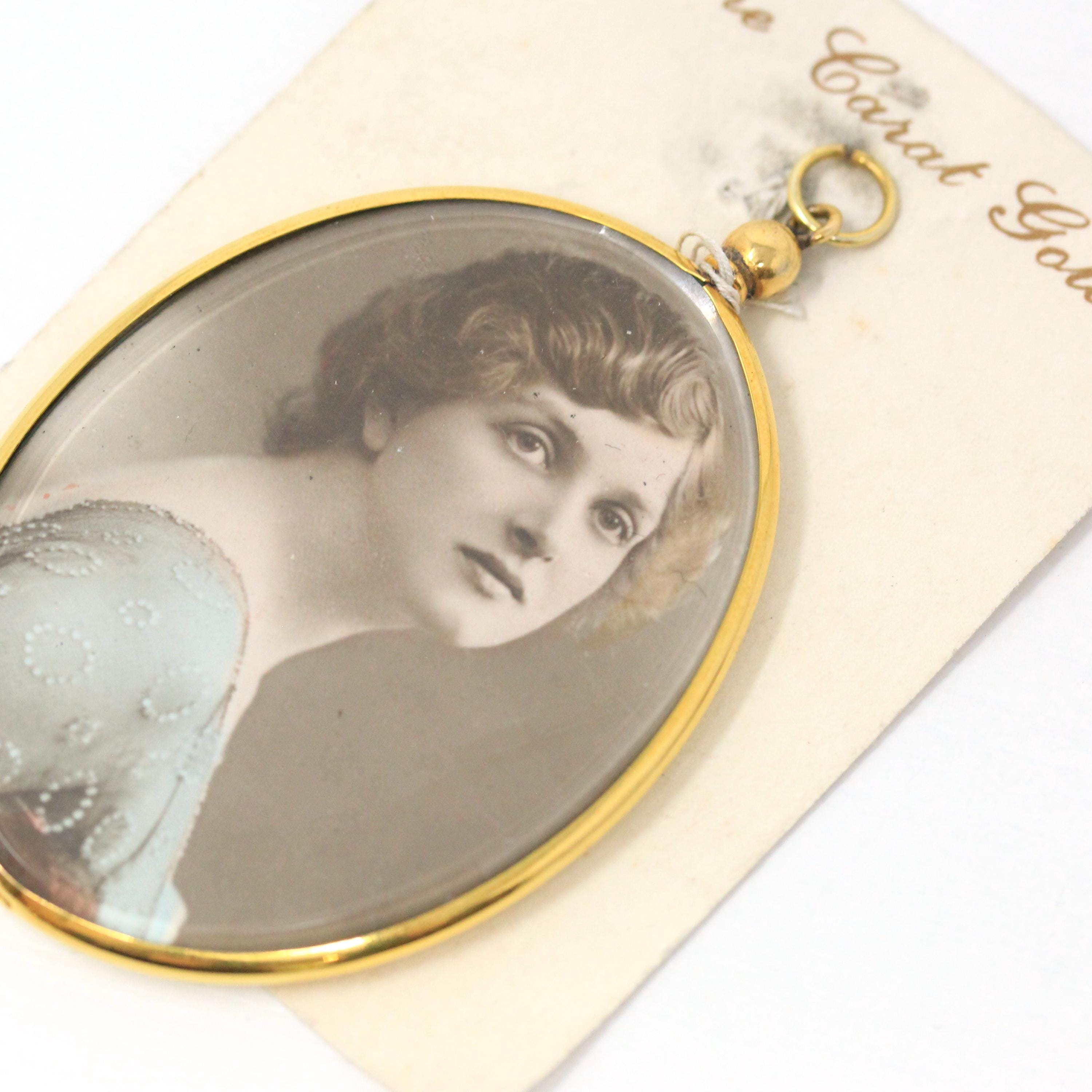 Antique Locket Fob - Edwardian Era 9K Yellow Gold Oval Glass Pendant Necklace - Vintage Memory Photo Portrait Keepsake Charm Fine Jewelry