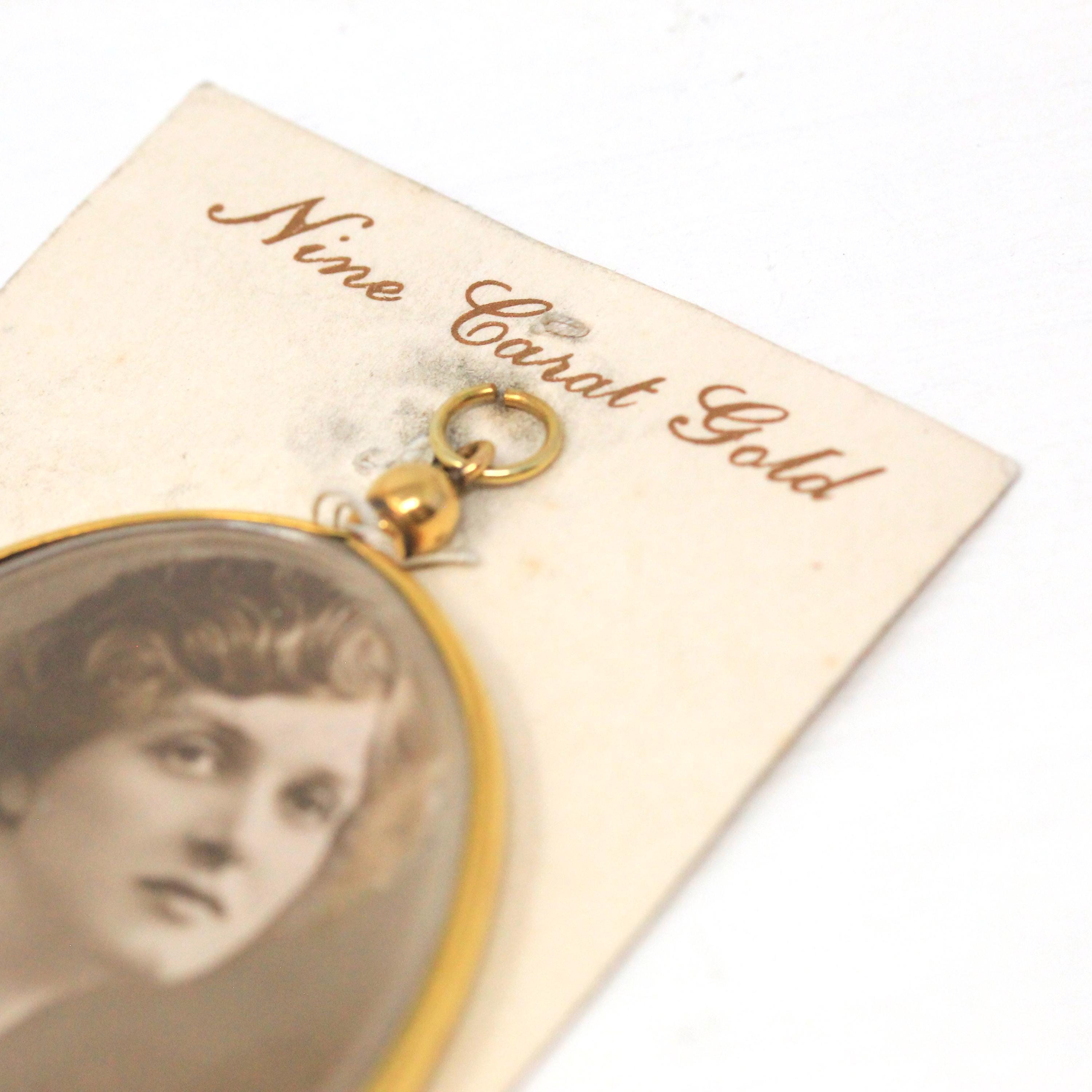 Antique Locket Fob - Edwardian Era 9K Yellow Gold Oval Glass Pendant Necklace - Vintage Memory Photo Portrait Keepsake Charm Fine Jewelry