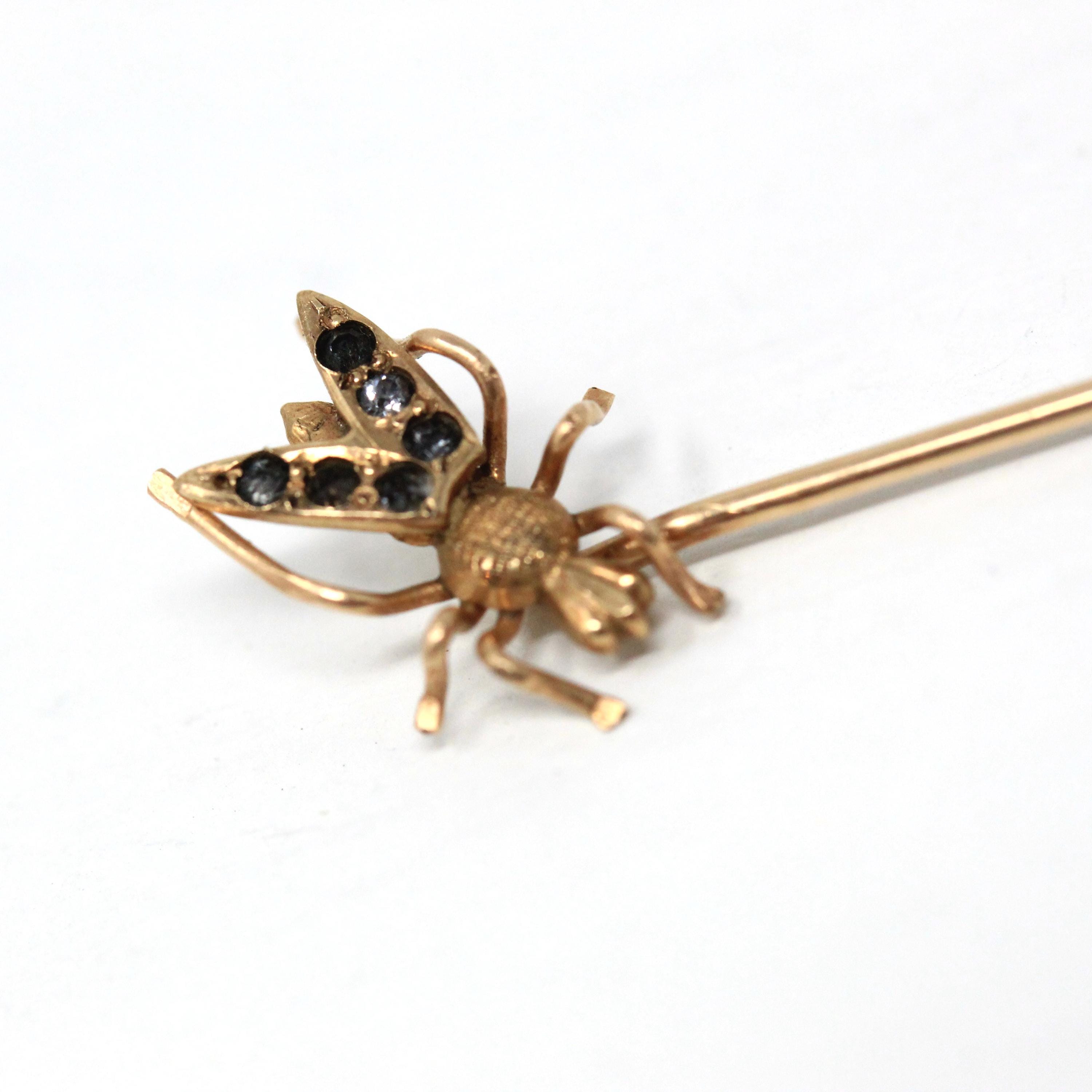 Vintage Fly Stick Pin - Antique 10k Yellow Gold Rhinestones Bug Brooch - Edwardian 1900s Hat Fashion Accessory Dainty Insect Fine Jewelry