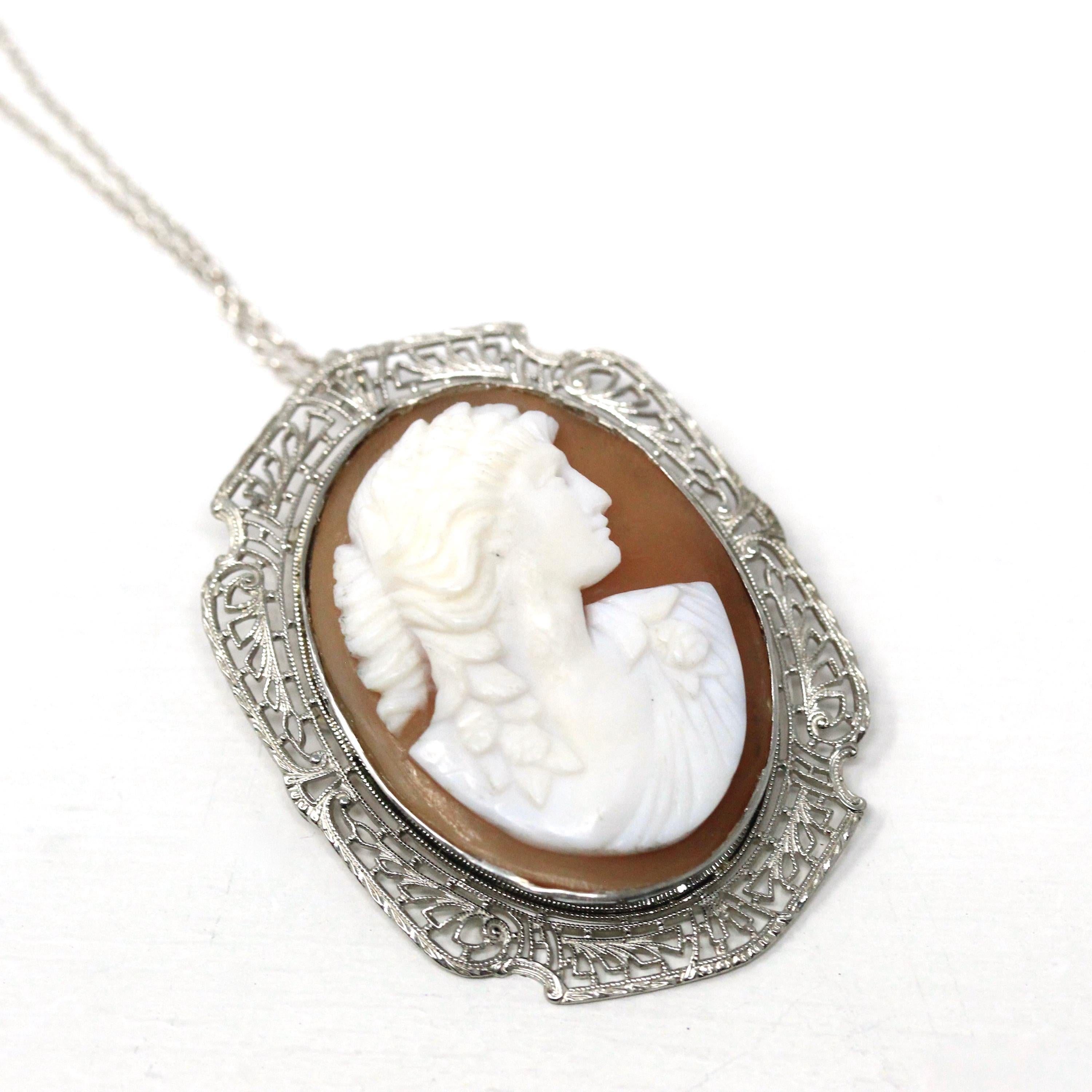 Vintage Cameo Pendant - Art Deco Era 10k White Gold Carved Shell Convertible Brooch Necklace - Circa 1930s Leaf Filigree Fine Pin Jewelry
