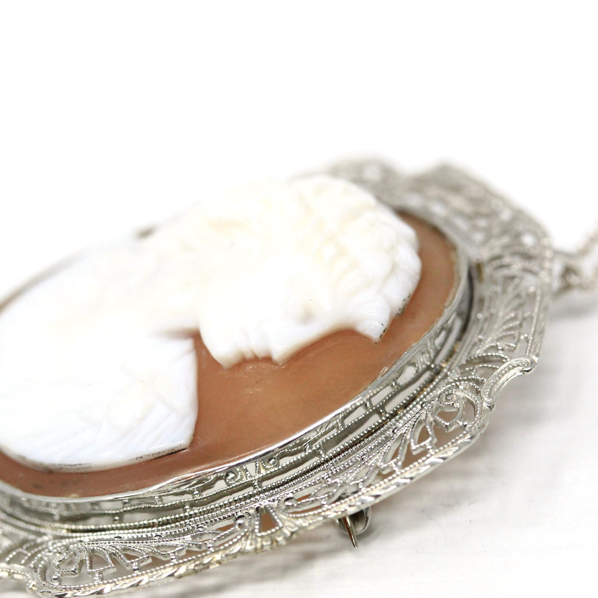 Vintage Cameo Pendant - Art Deco Era 10k White Gold Carved Shell Convertible Brooch Necklace - Circa 1930s Leaf Filigree Fine Pin Jewelry