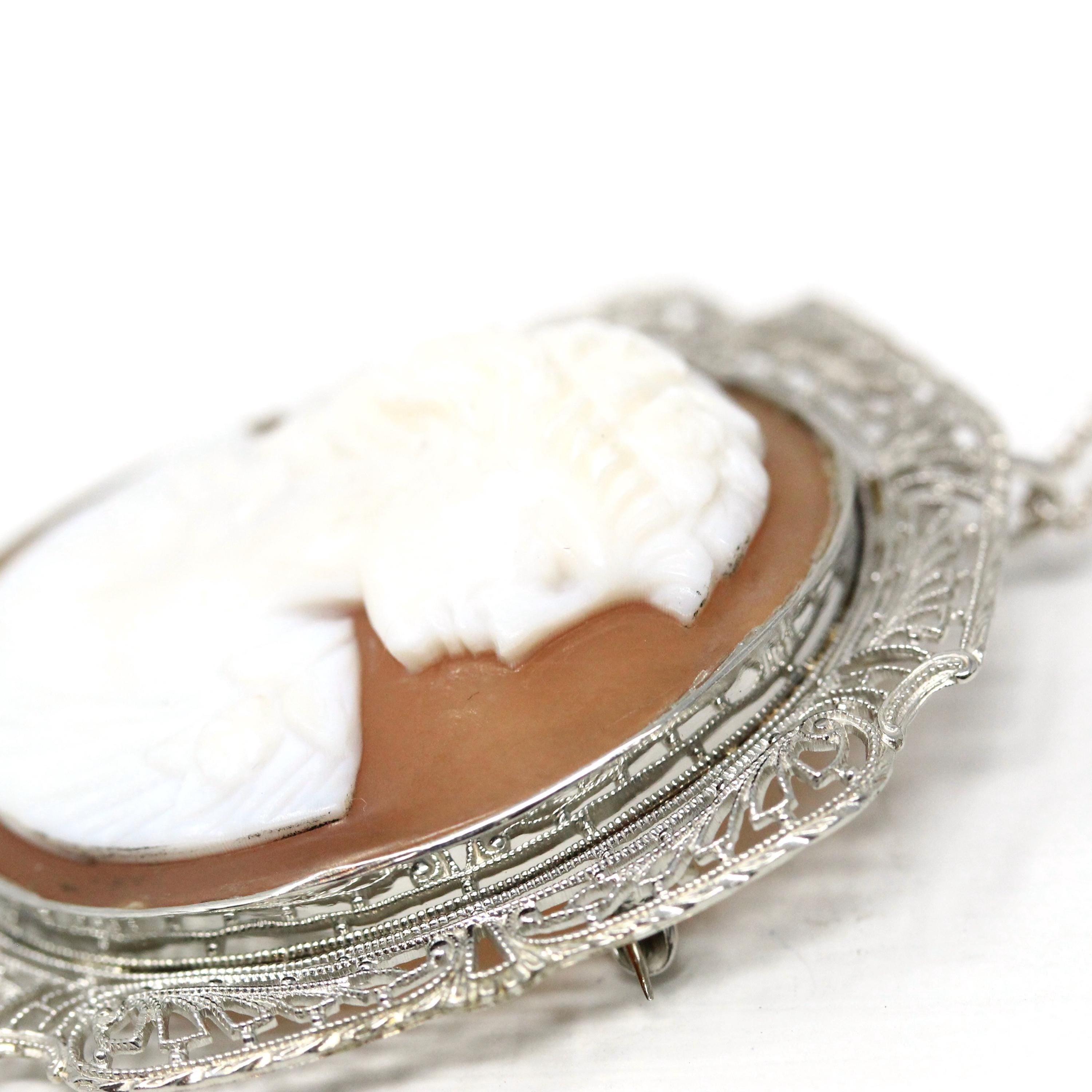 Vintage Cameo Pendant - Art Deco Era 10k White Gold Carved Shell Convertible Brooch Necklace - Circa 1930s Leaf Filigree Fine Pin Jewelry