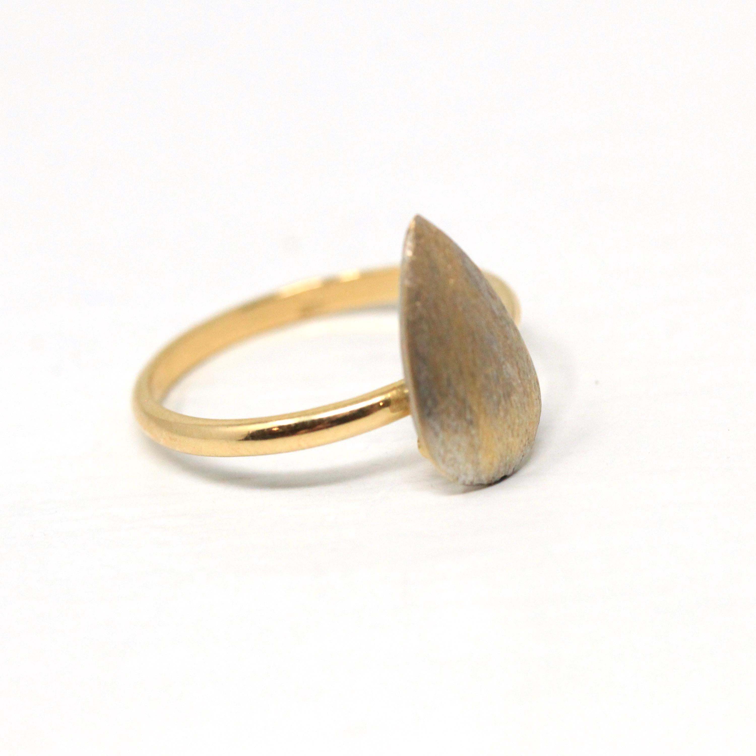 Modern Teardrop Ring - Estate 18k Gold Yellow White Two Tone Textured Pear Band - Circa 2010 Size 6 1/2 Stacking Dainty Lazurde Fine Jewelry