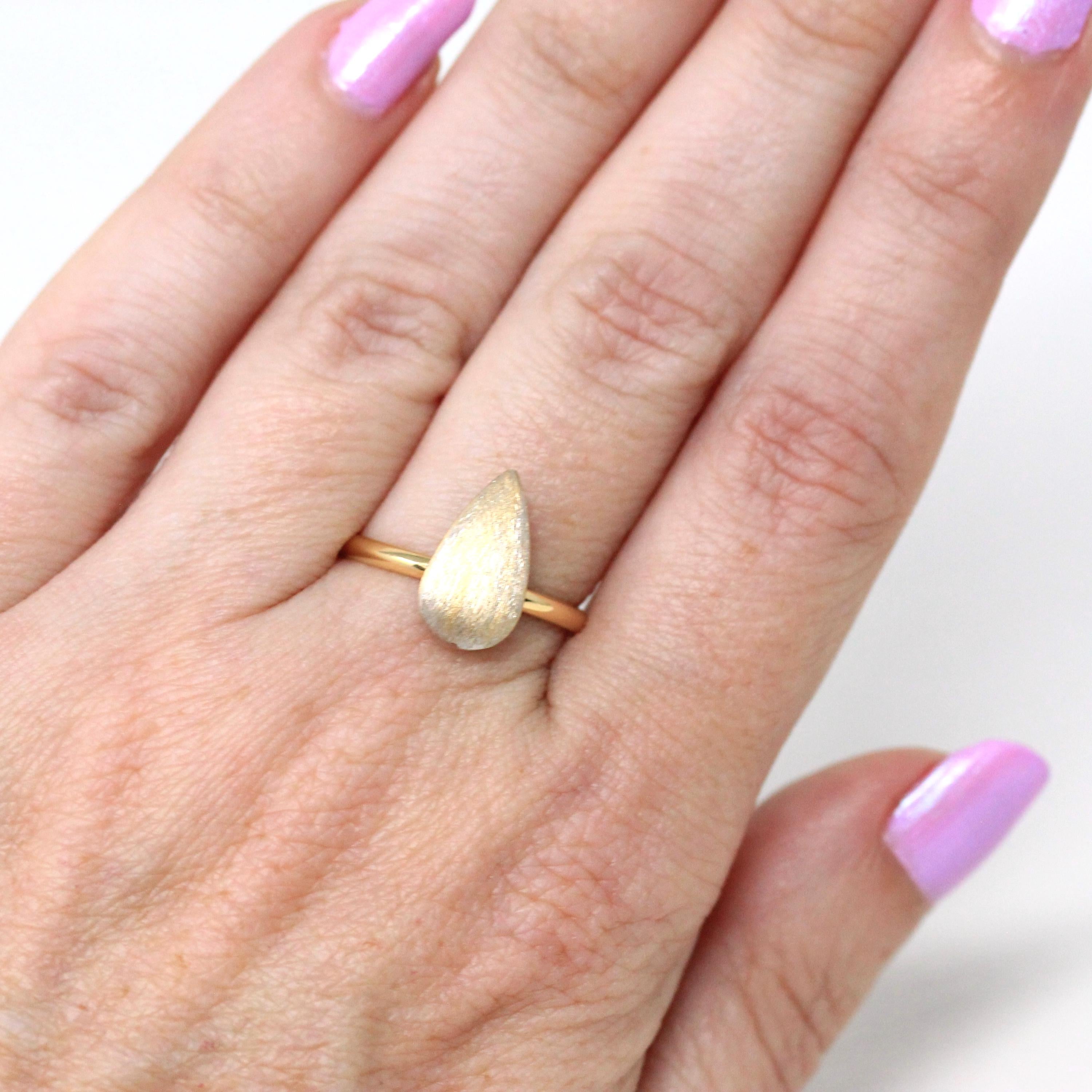 Modern Teardrop Ring - Estate 18k Gold Yellow White Two Tone Textured Pear Band - Circa 2010 Size 6 1/2 Stacking Dainty Lazurde Fine Jewelry