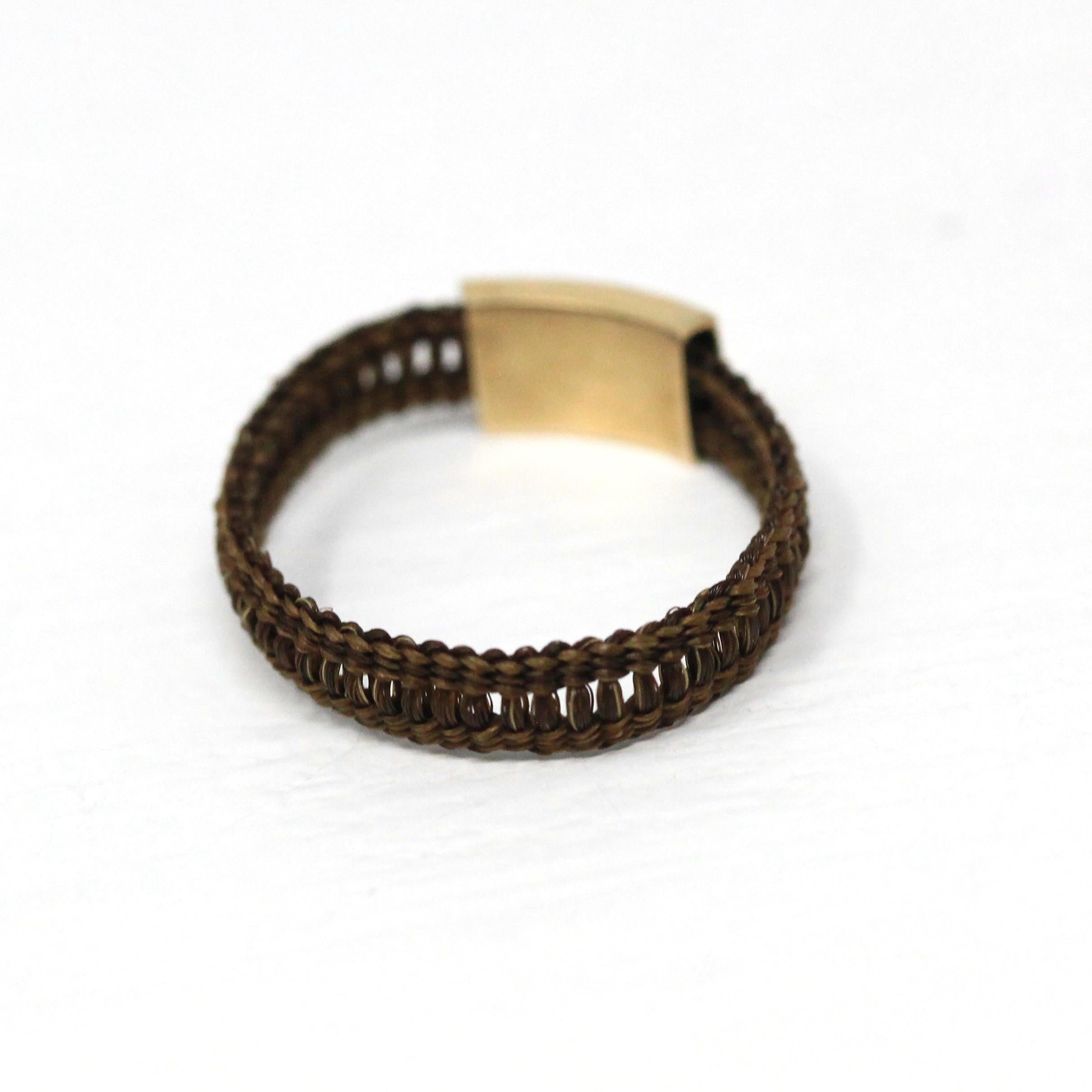 Victorian Hair Ring - Antique 10k Yellow Gold Woven Buckle Band - Vintage 1800s Size 7 1/2 Mourning Memento Mori Rare Hairwork Fine Jewelry