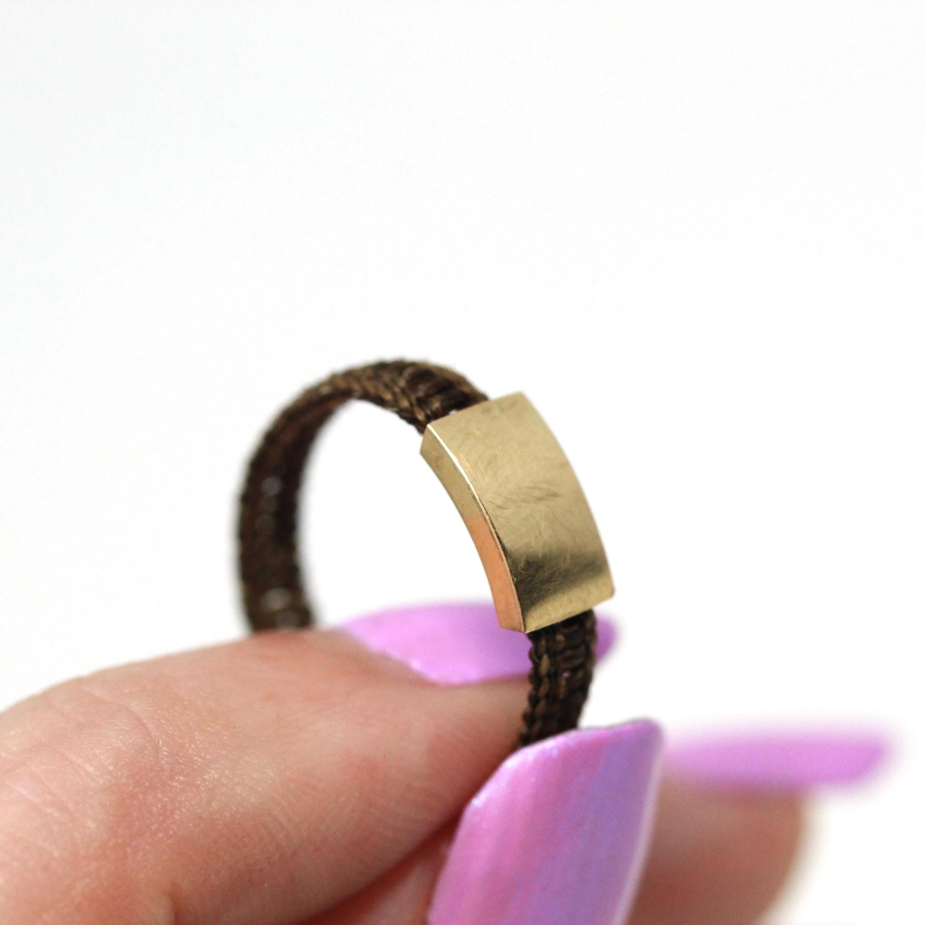 Victorian Hair Ring - Antique 10k Yellow Gold Woven Buckle Band - Vintage 1800s Size 7 1/2 Mourning Memento Mori Rare Hairwork Fine Jewelry