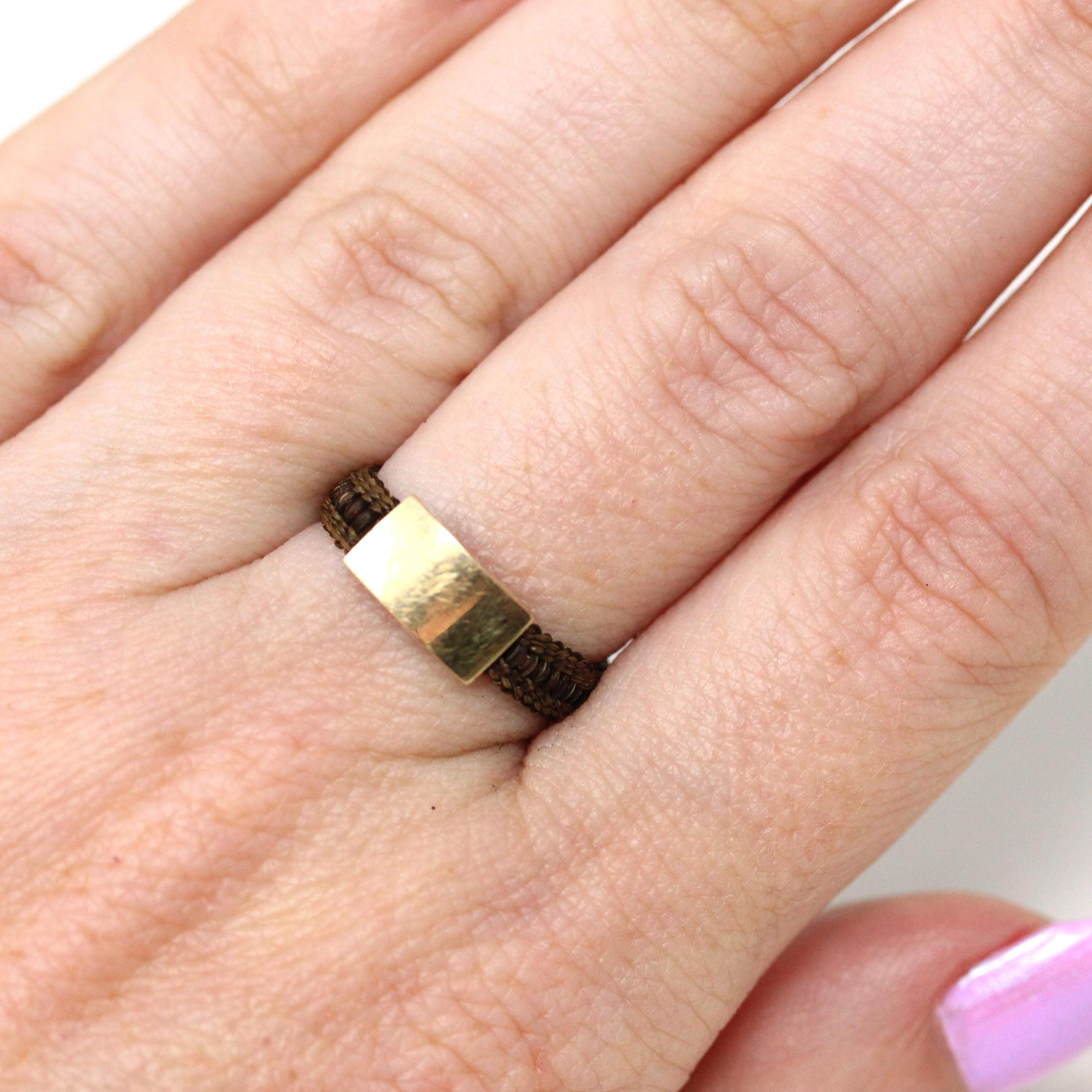 Victorian Hair Ring - Antique 10k Yellow Gold Woven Buckle Band - Vintage 1800s Size 7 1/2 Mourning Memento Mori Rare Hairwork Fine Jewelry