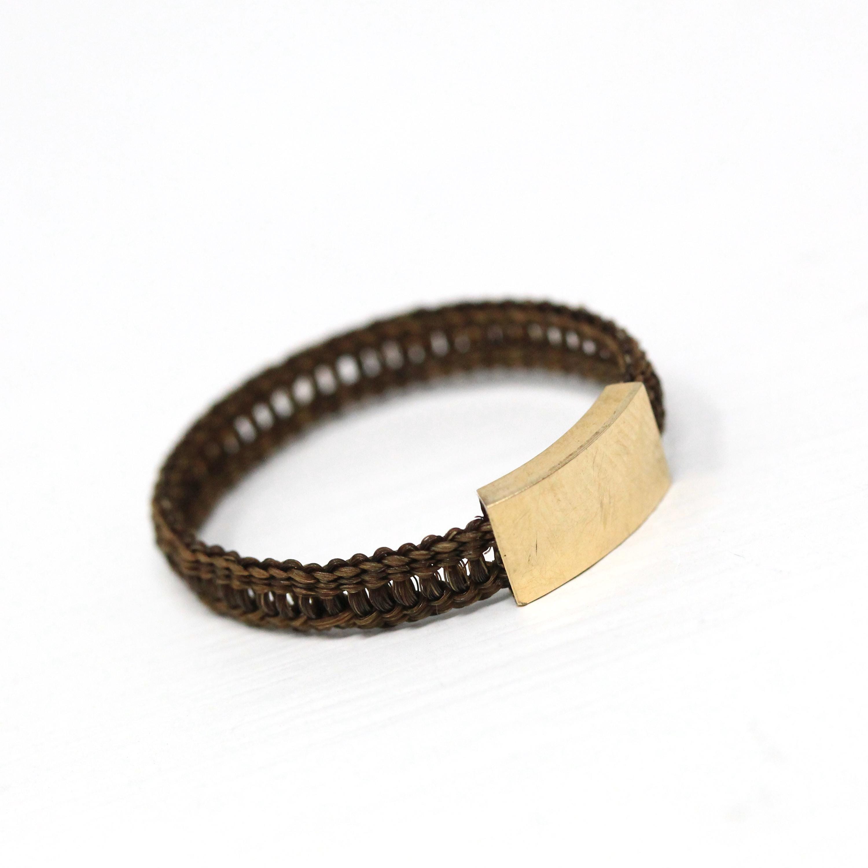 Victorian Hair Ring - Antique 10k Yellow Gold Woven Buckle Band - Vintage 1800s Size 7 1/2 Mourning Memento Mori Rare Hairwork Fine Jewelry