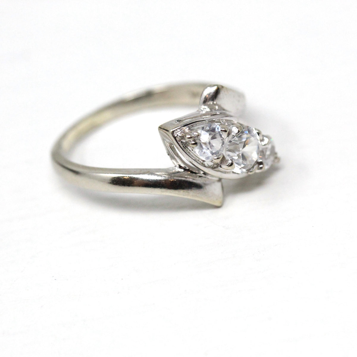 Vintage Bypass Ring - 14k White Gold White Zircon Three Stone Navette Style - Size 8 3/4 Circa 1950s Era Anniversary Simulant Fine Jewelry