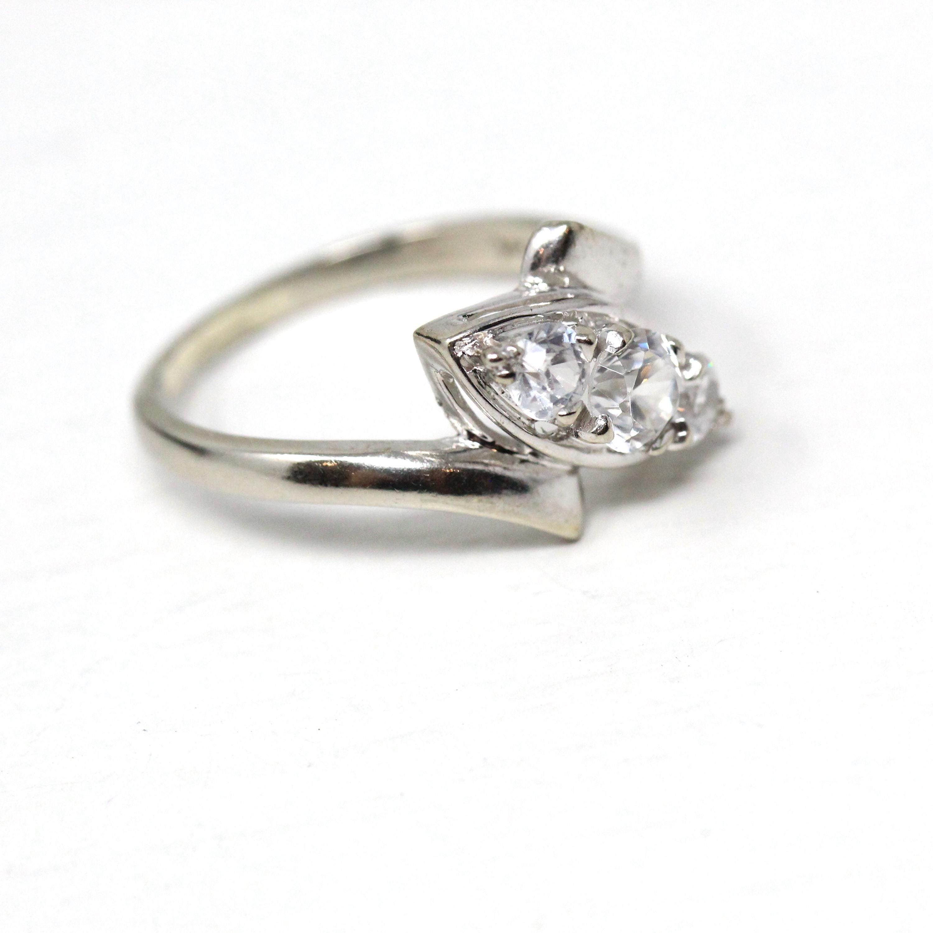 Vintage Bypass Ring - 14k White Gold White Zircon Three Stone Navette - Size 8 3/4 Circa 1950s Era Anniversary Simulant Fine Jewelry