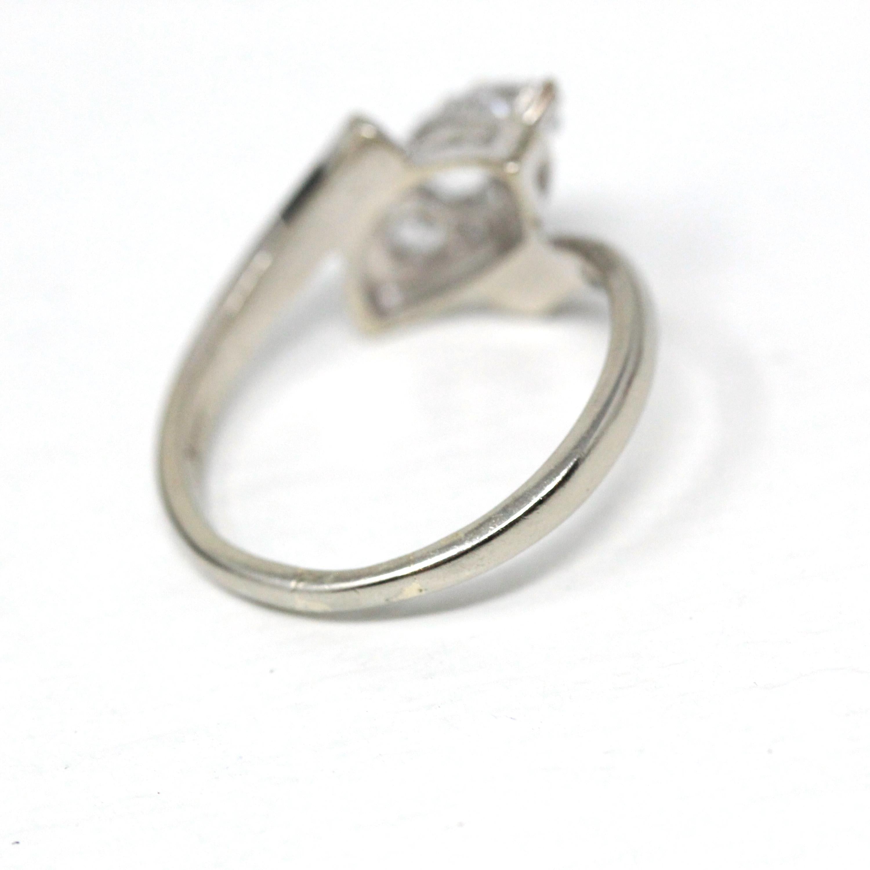 Vintage Bypass Ring - 14k White Gold White Zircon Three Stone Navette - Size 8 3/4 Circa 1950s Era Anniversary Simulant Fine Jewelry