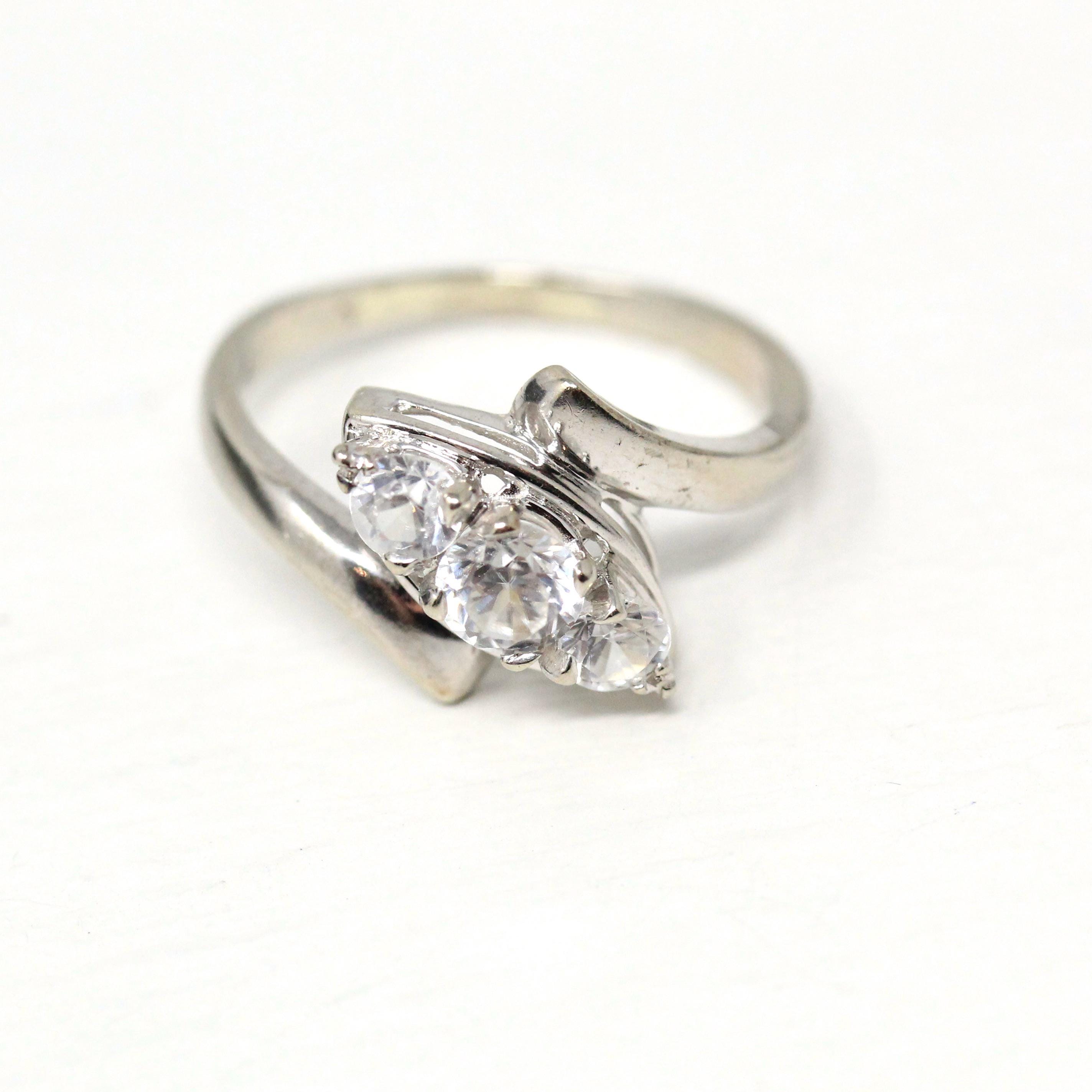 Vintage Bypass Ring - 14k White Gold White Zircon Three Stone Navette - Size 8 3/4 Circa 1950s Era Anniversary Simulant Fine Jewelry