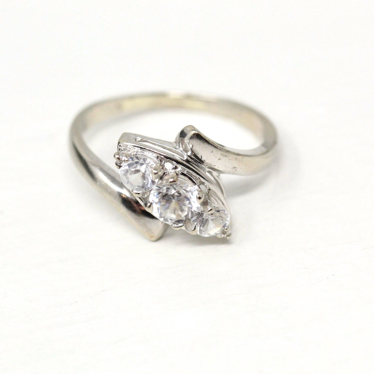 Vintage Bypass Ring - 14k White Gold White Zircon Three Stone Navette Style - Size 8 3/4 Circa 1950s Era Anniversary Simulant Fine Jewelry