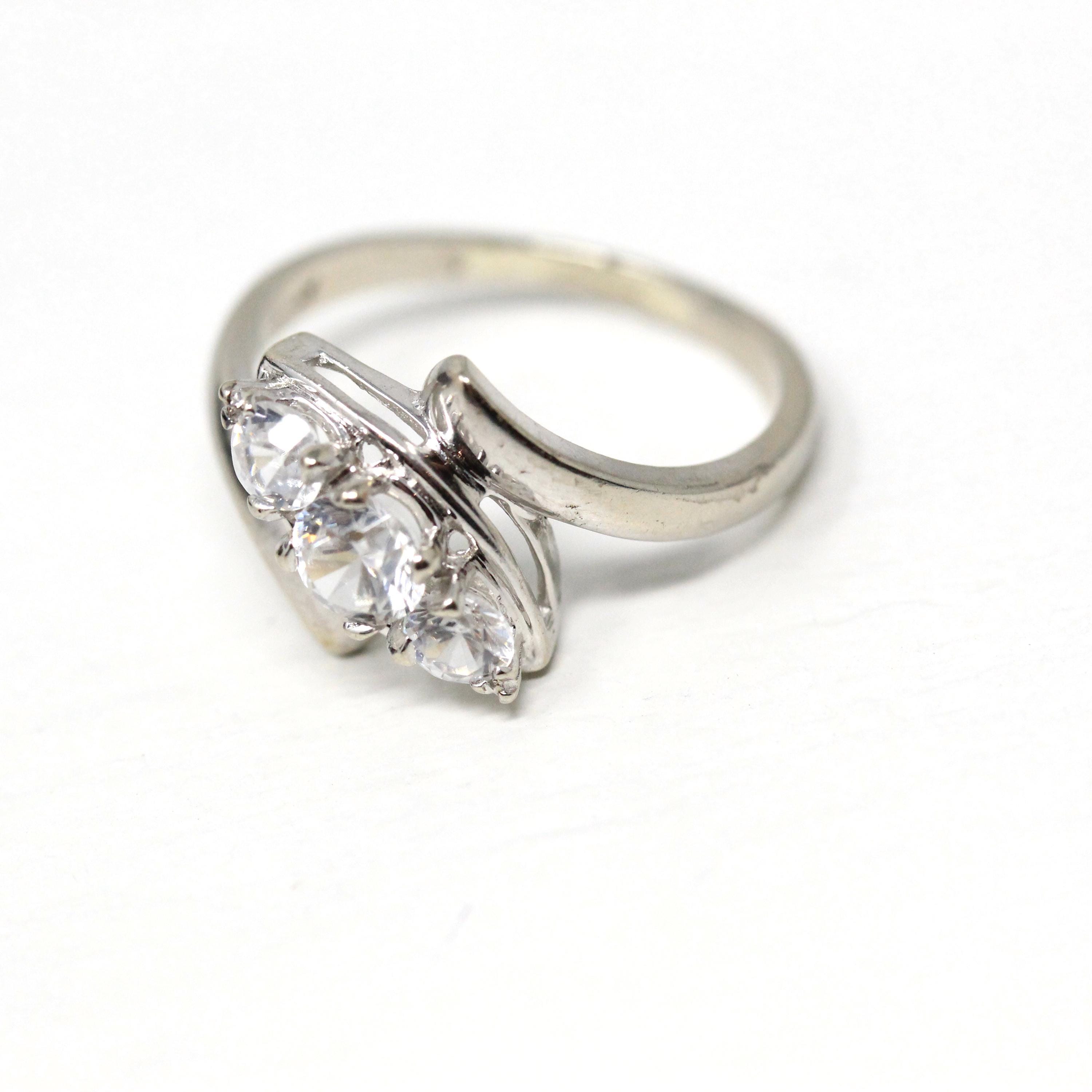 Vintage Bypass Ring - 14k White Gold White Zircon Three Stone Navette Style - Size 8 3/4 Circa 1950s Era Anniversary Simulant Fine Jewelry